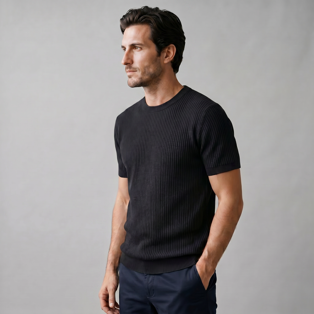 Men's Ribbed Knit Crew Neck T-Shirt