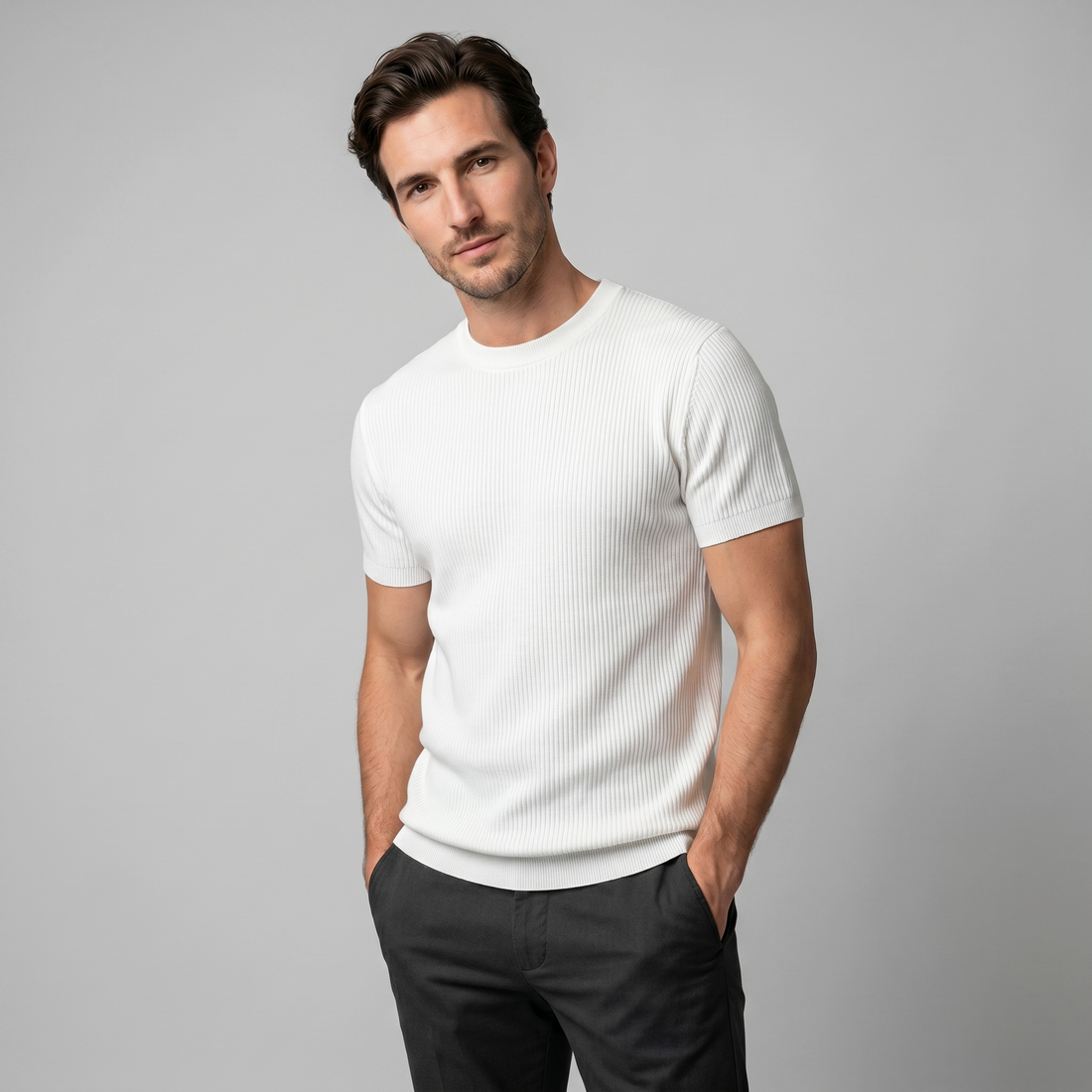 Men's Ribbed Knit Crew Neck T-Shirt