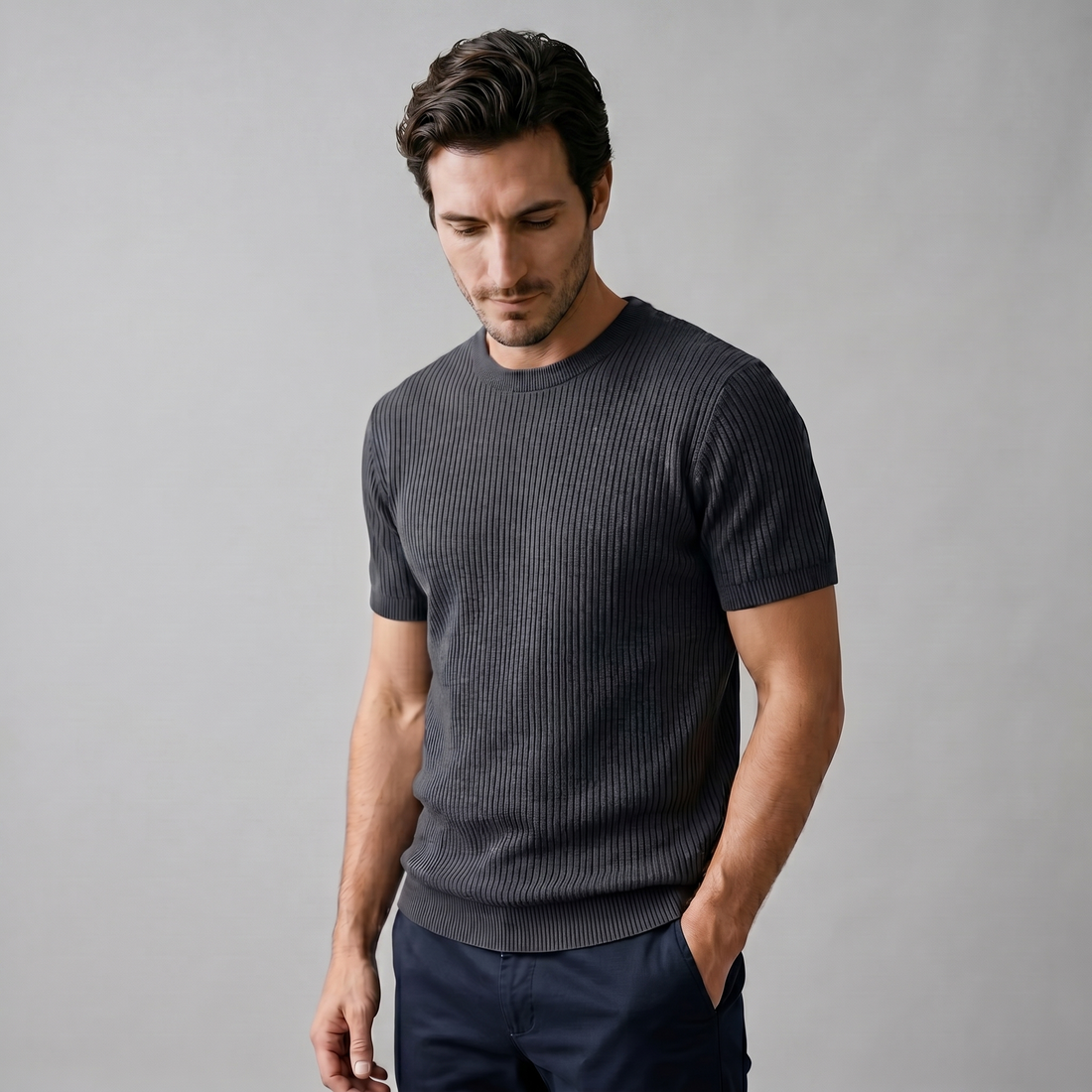 Men's Ribbed Knit Crew Neck T-Shirt