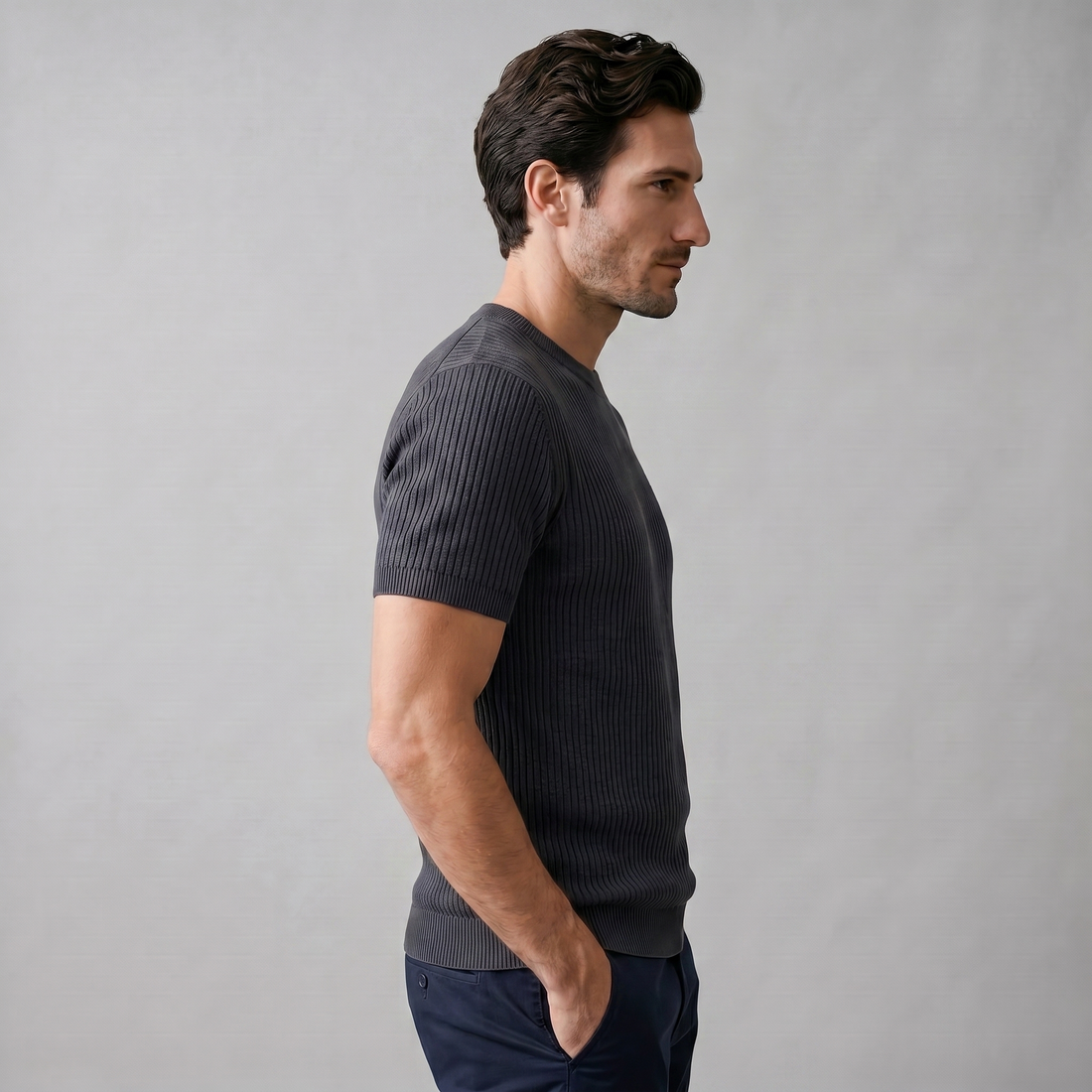 Men's Ribbed Knit Crew Neck T-Shirt
