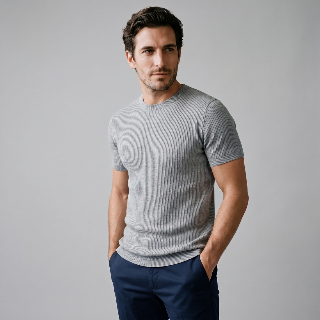Men's Ribbed Knit Crew Neck T-Shirt