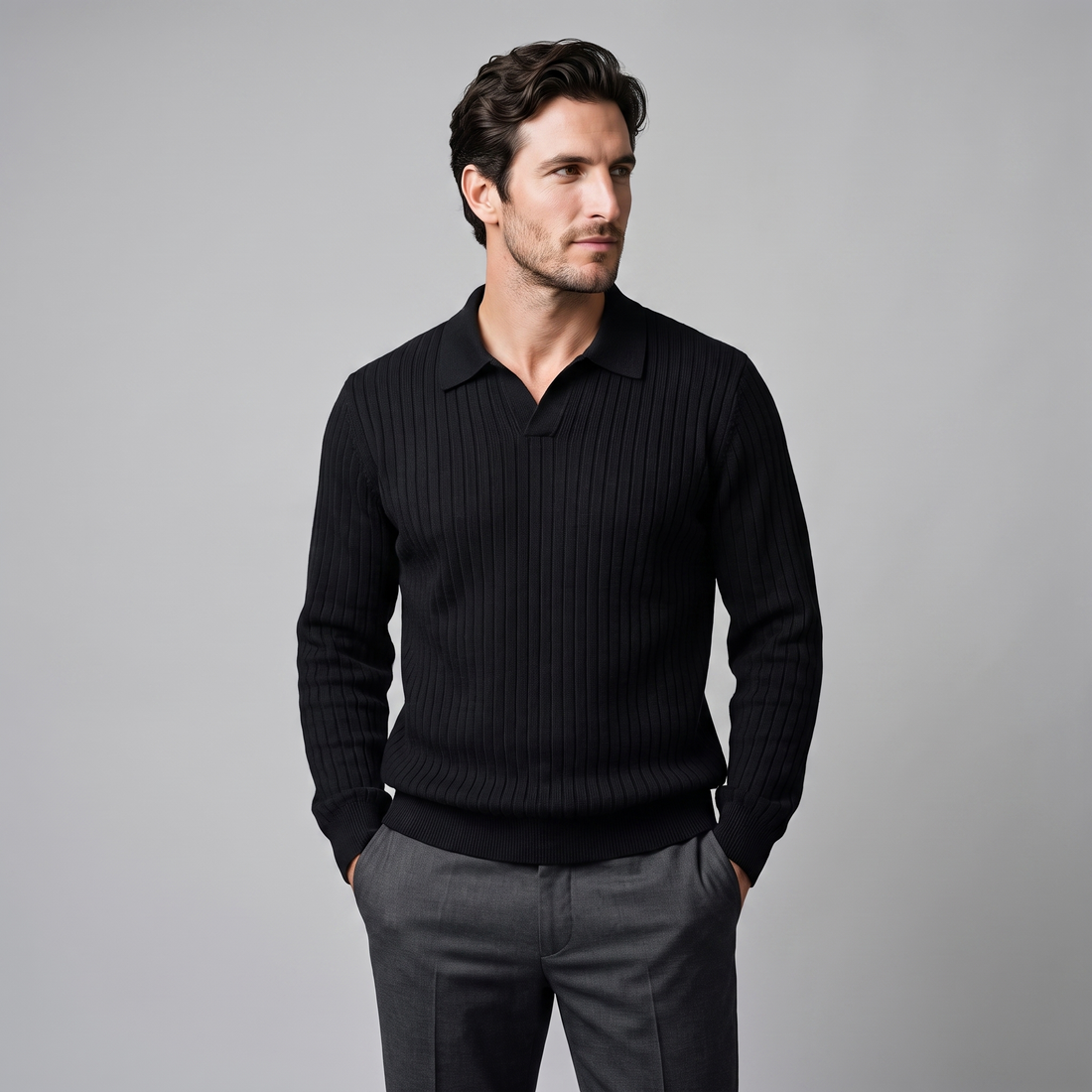 Men's Ribbed Knit Polo Sweater