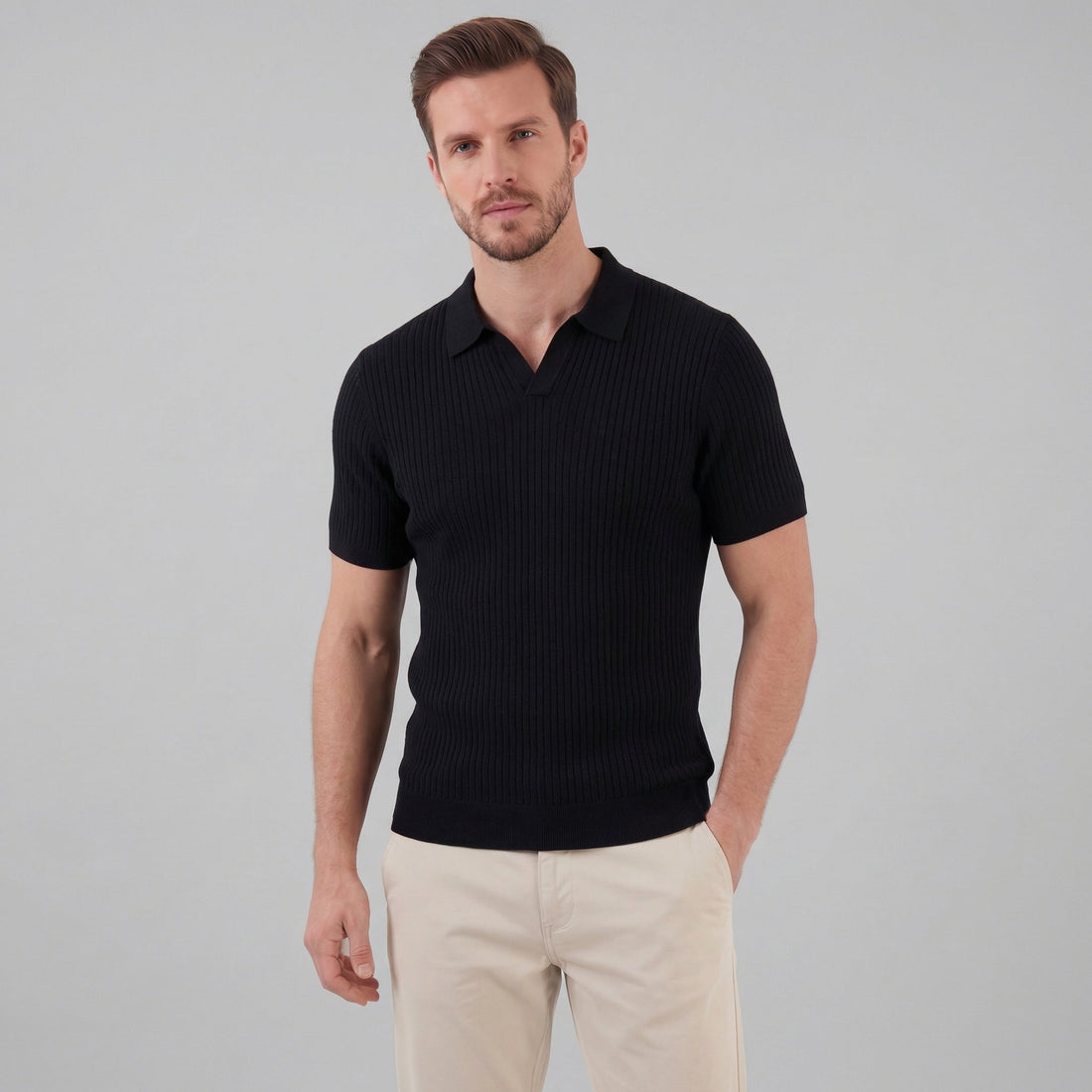 Men’s Ribbed Knit Short Sleeve Polo Shirt