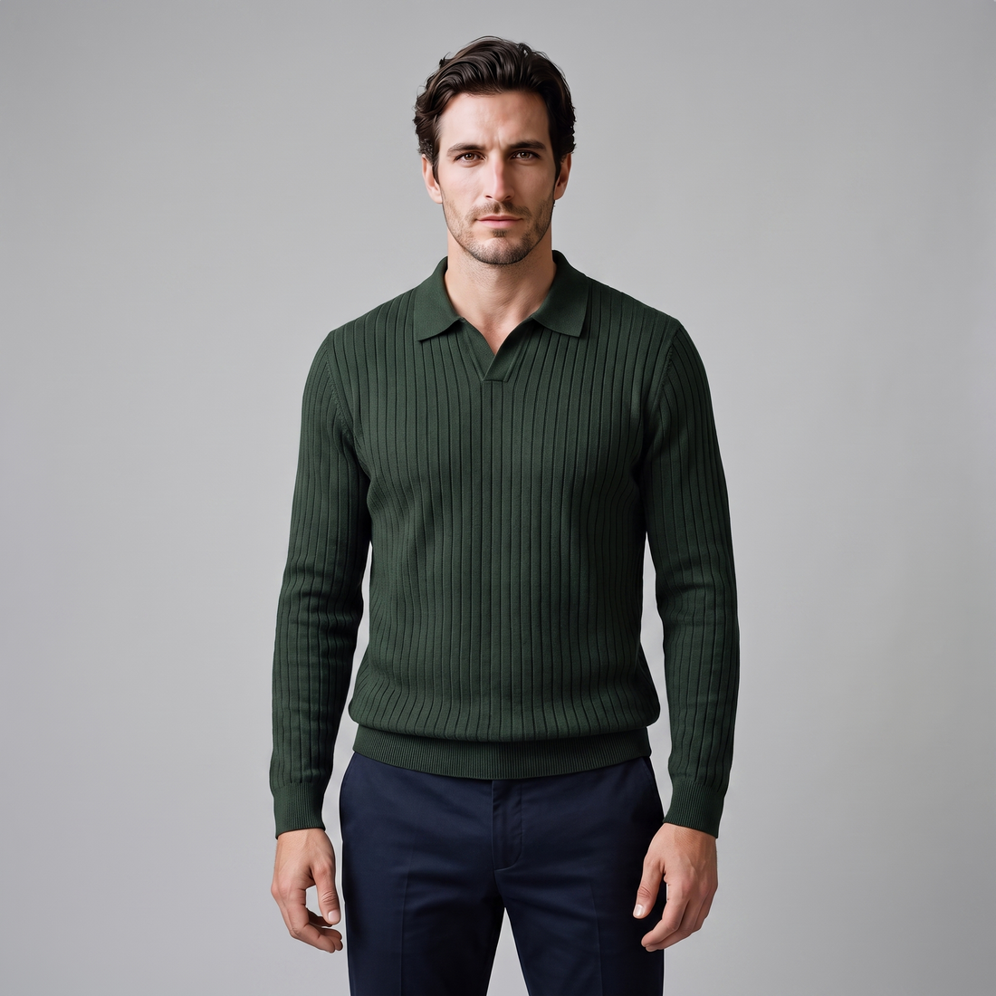 Men's Ribbed Open Collar Polo Sweater