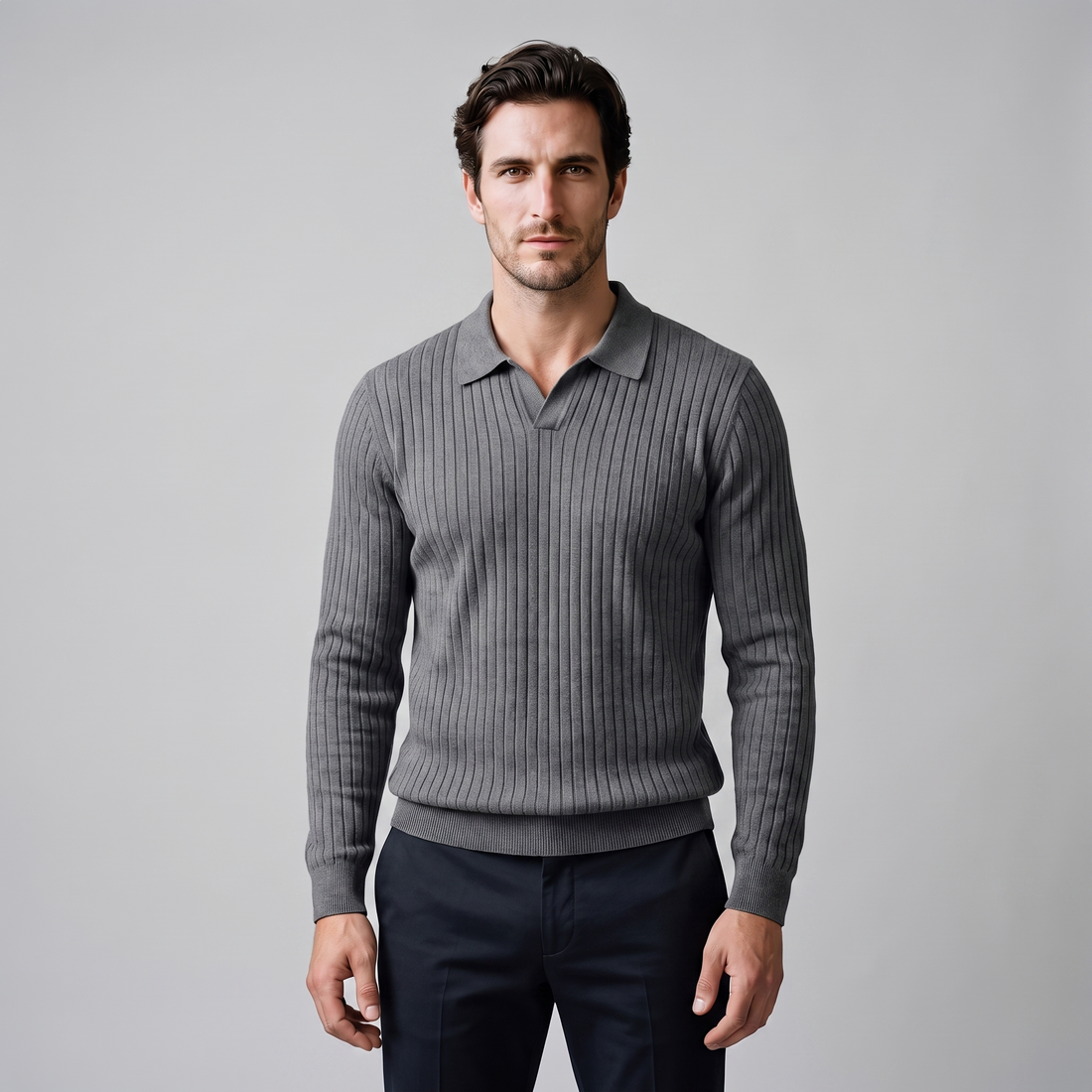 Men's Ribbed Open Collar Polo Sweater