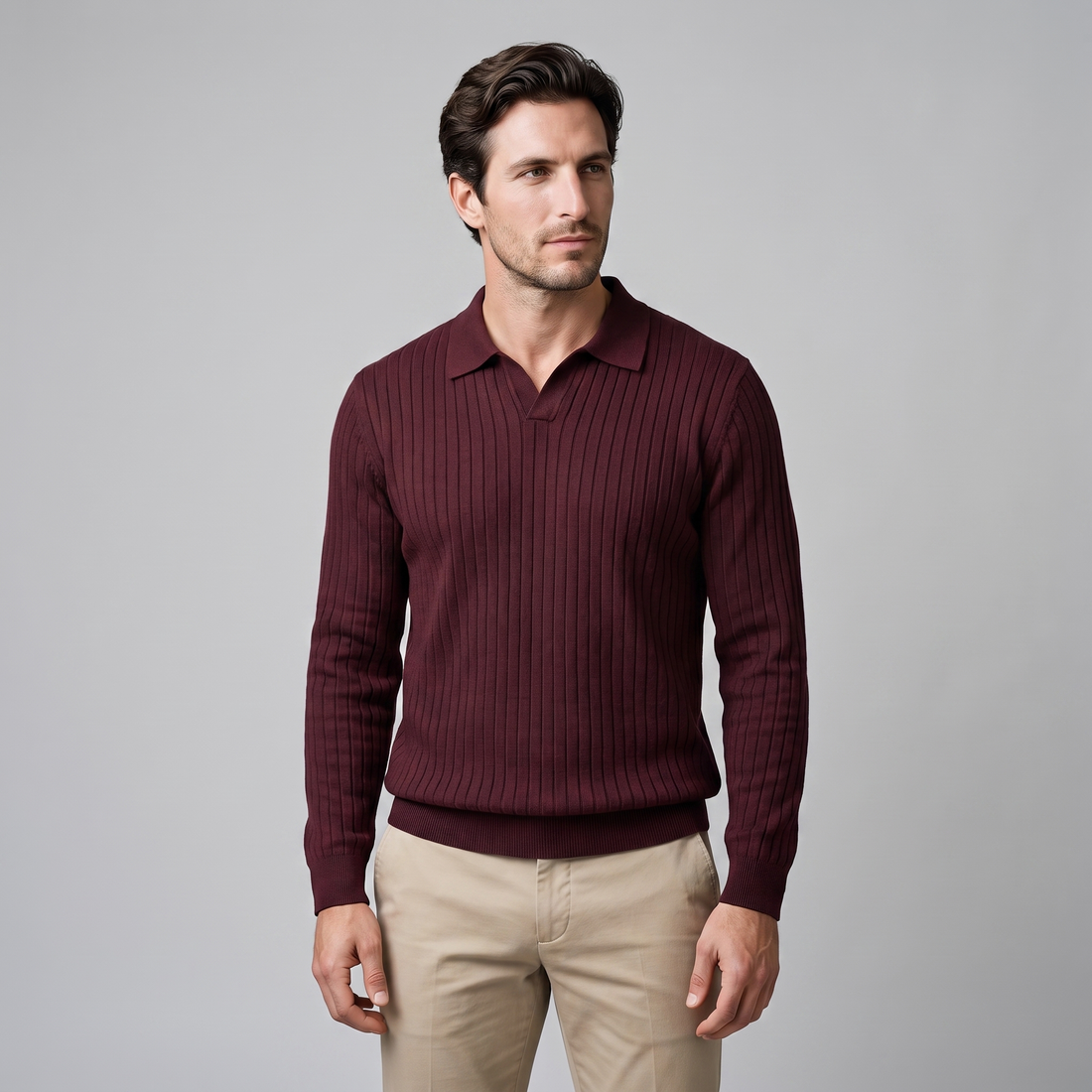 Men's Ribbed Open Collar Polo Sweater