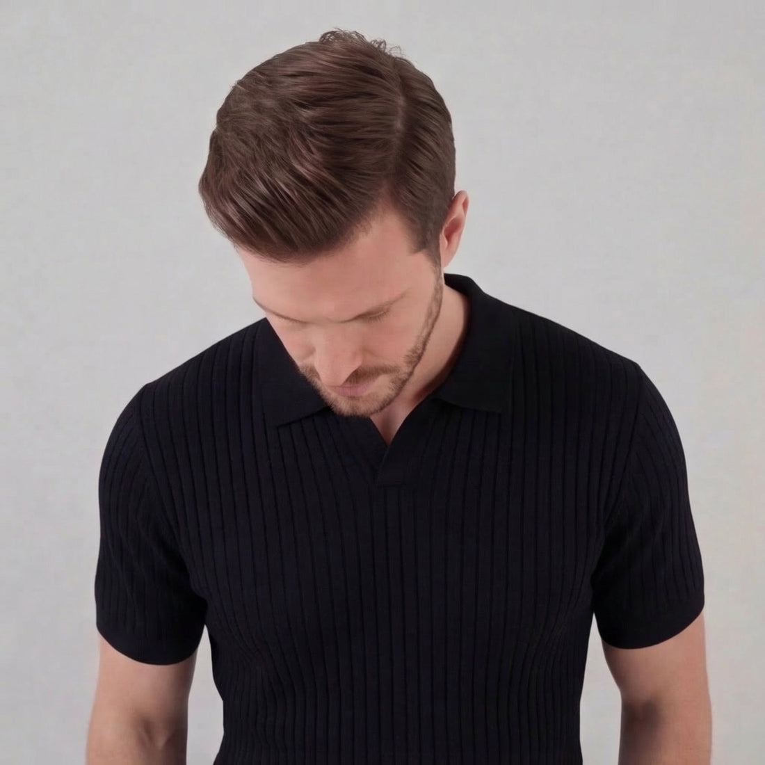Men's Ribbed Short Sleeve V-Neck Polo