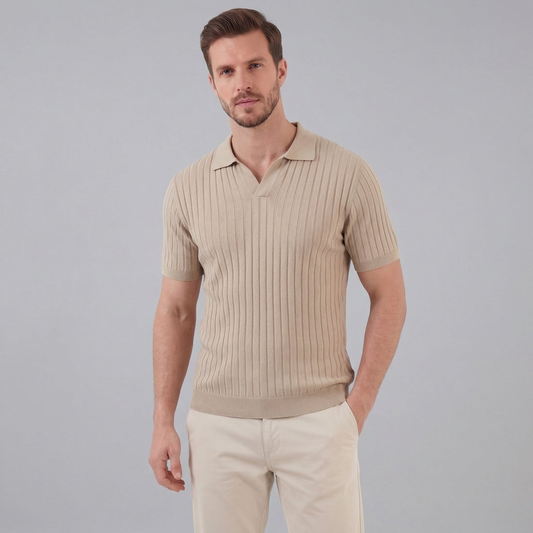 Men's Ribbed Short Sleeve V-Neck Polo