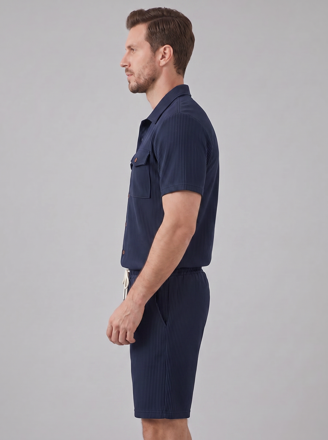 Men's Ribbed Stripe Shirt and Shorts Co-Ord Set