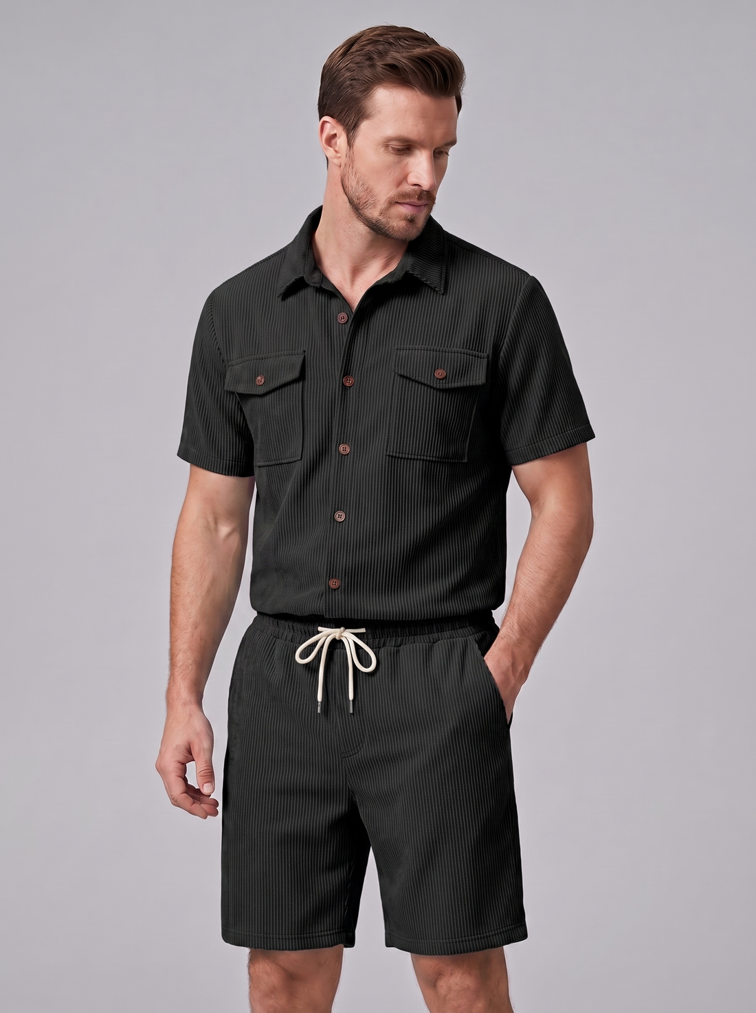 Men's Ribbed Stripe Shirt and Shorts Co-Ord Set