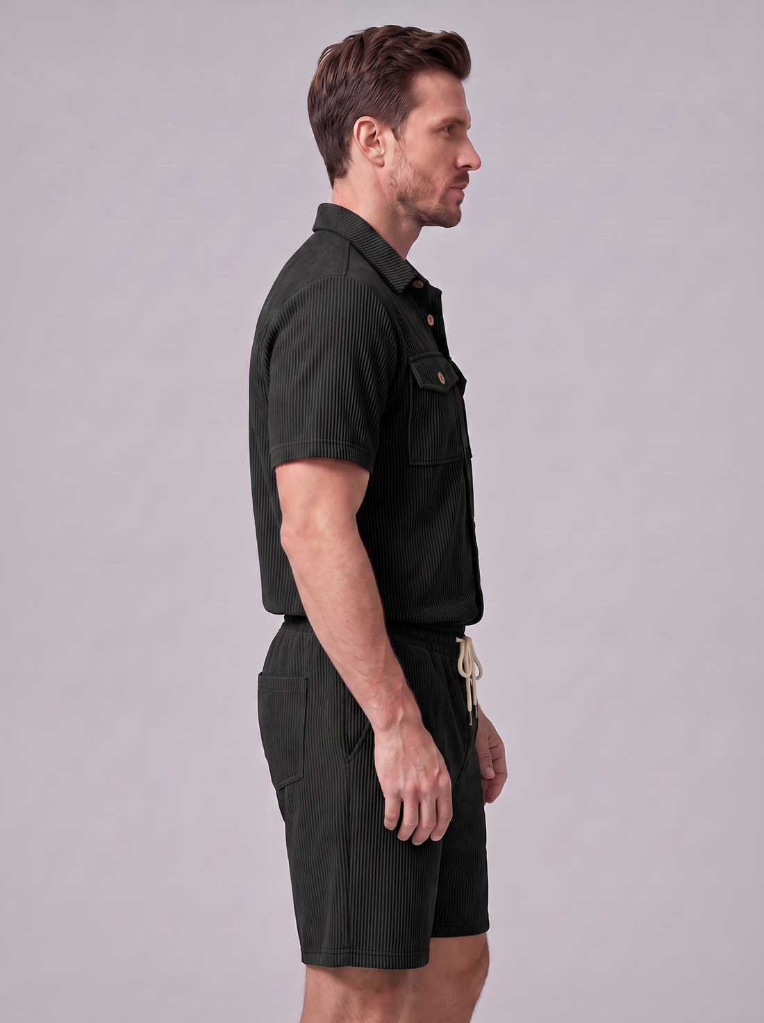 Men's Ribbed Stripe Shirt and Shorts Co-Ord Set