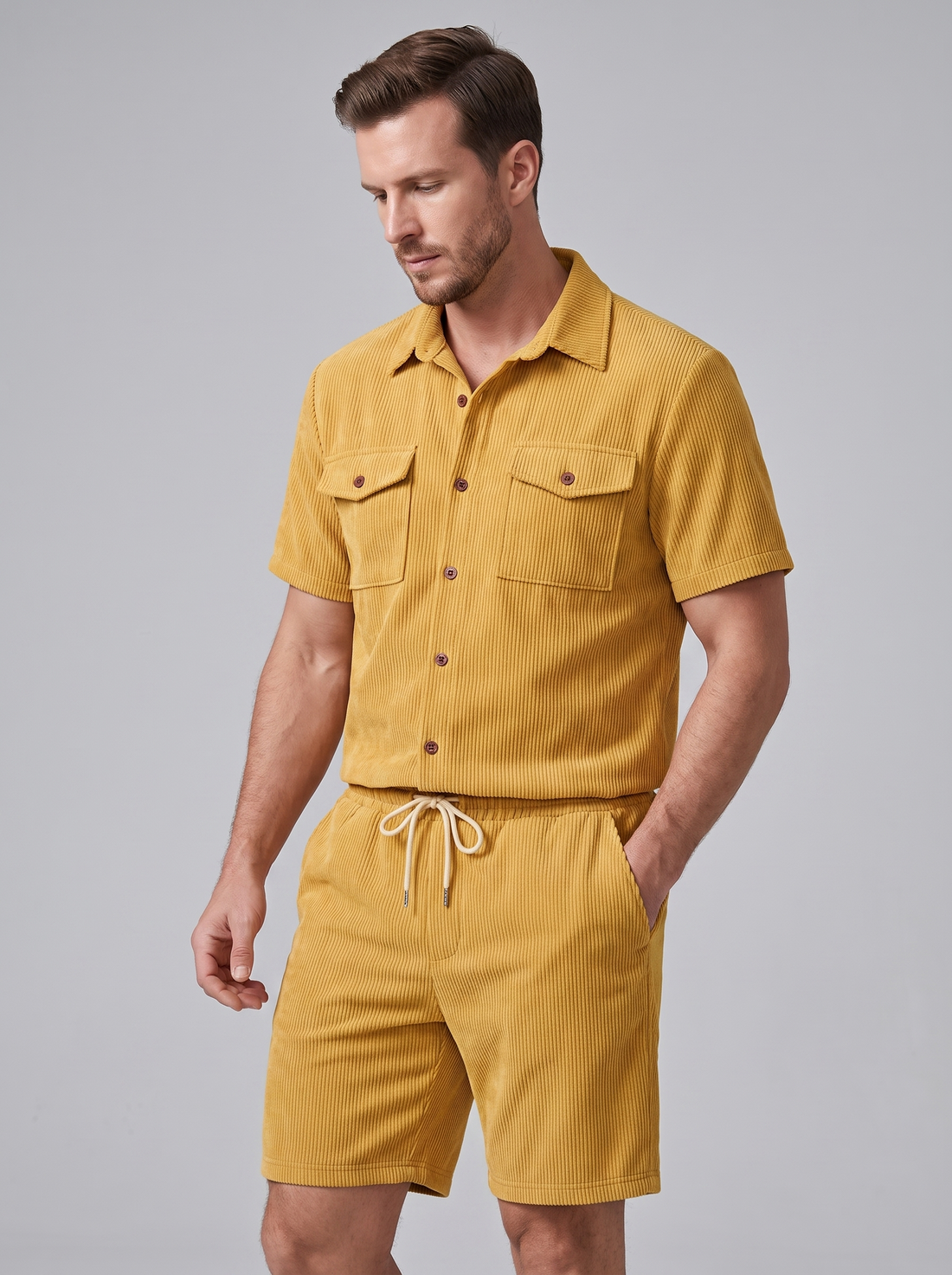 Men's Ribbed Stripe Shirt and Shorts Co-Ord Set