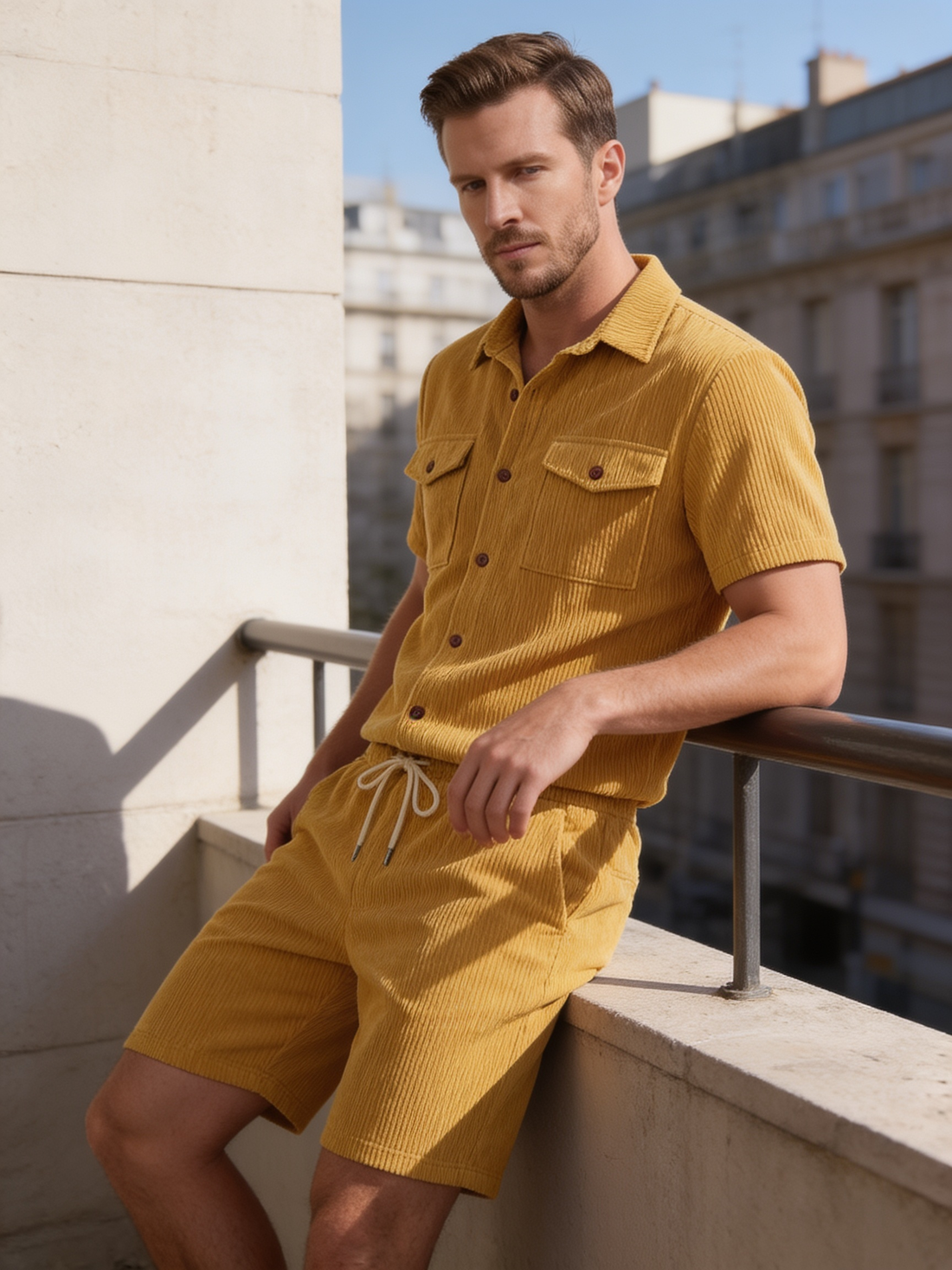 Men's Ribbed Stripe Shirt and Shorts Co-Ord Set