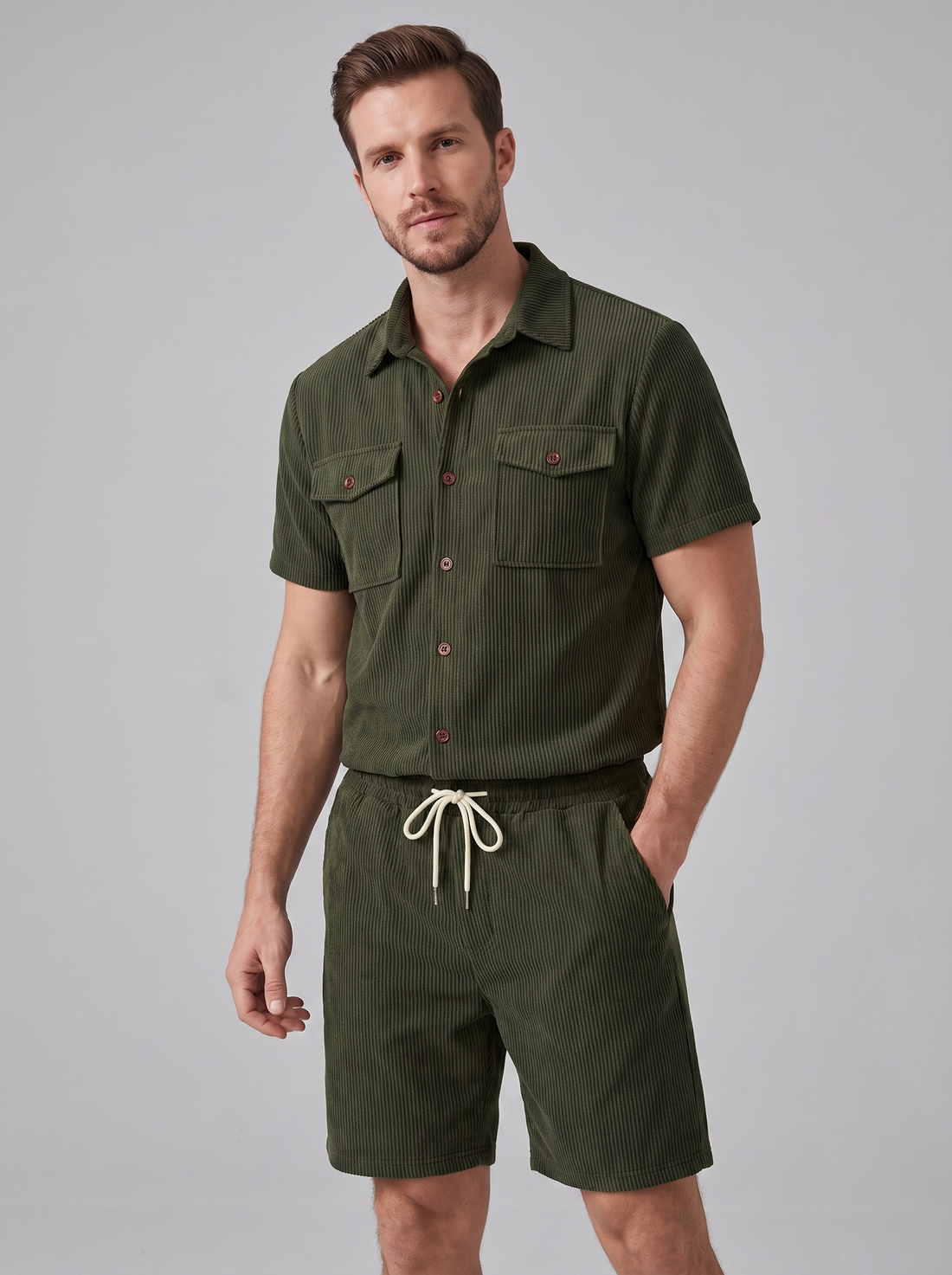 Men's Ribbed Stripe Shirt and Shorts Co-Ord Set