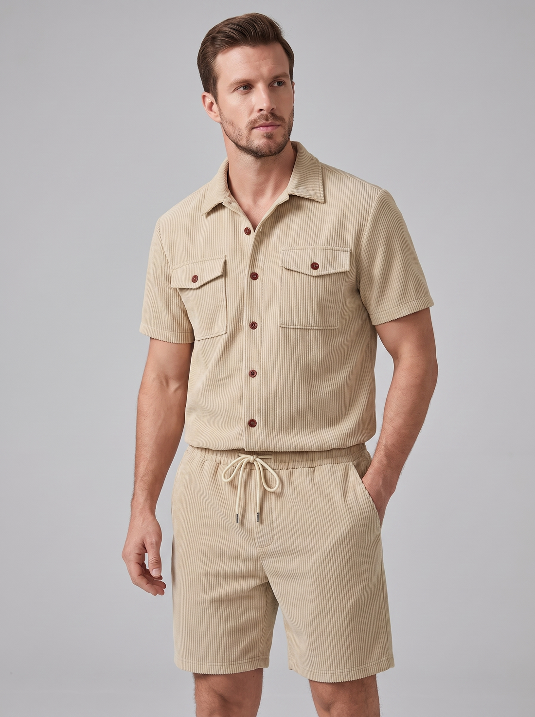 Men's Ribbed Stripe Shirt and Shorts Co-Ord Set