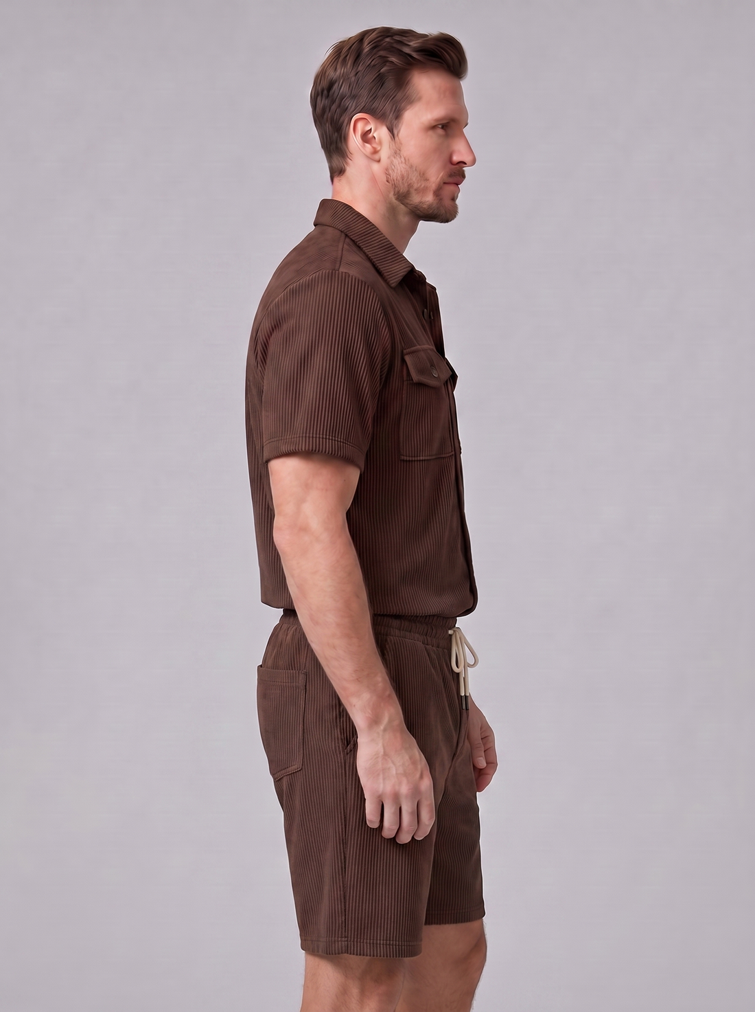 Men's Ribbed Stripe Shirt and Shorts Co-Ord Set