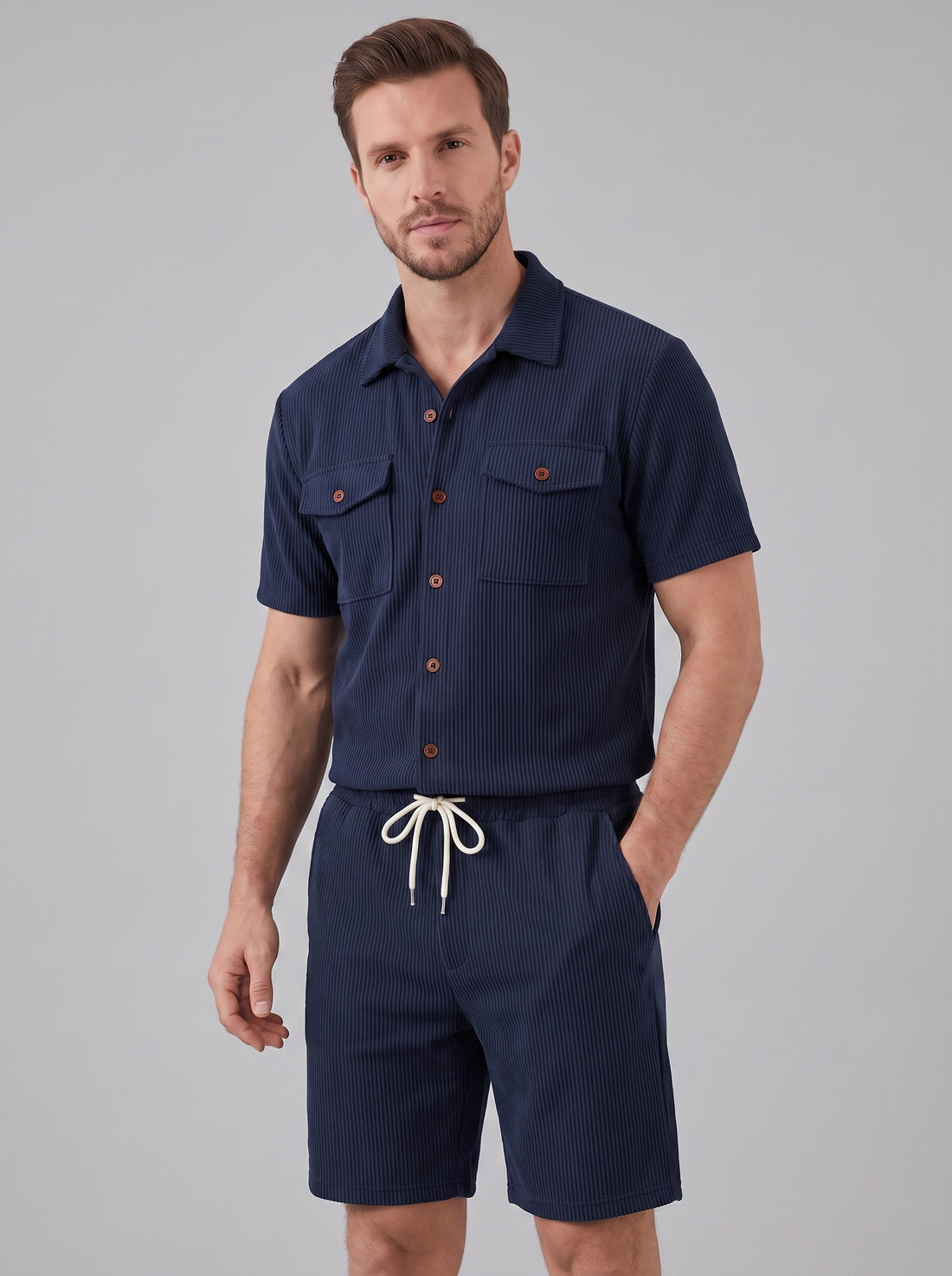 Men's Ribbed Stripe Shirt and Shorts Co-Ord Set