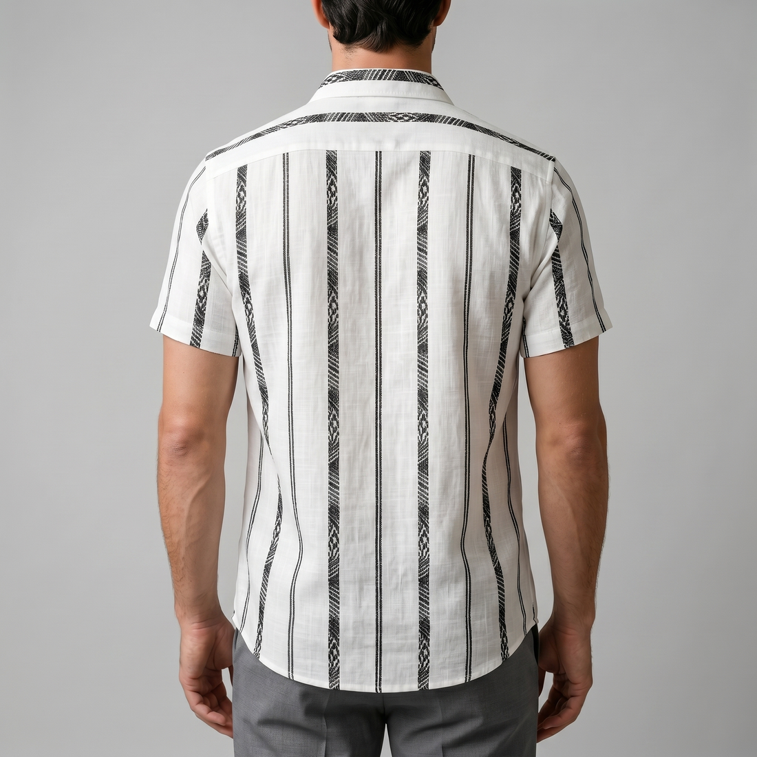 Men's Short Sleeve Button-Up Shirt with Textured Stripes