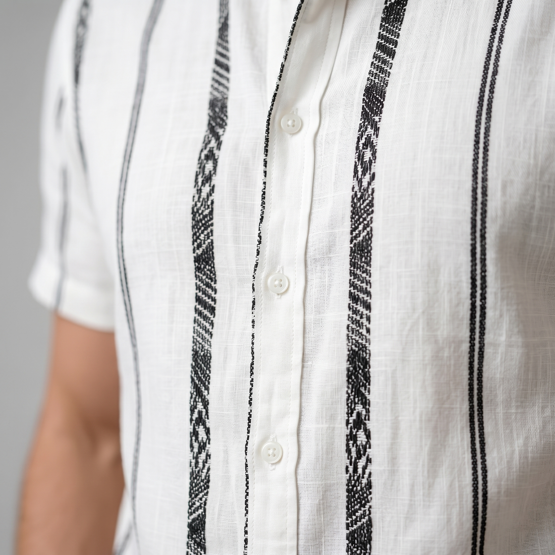 Men's Short Sleeve Button-Up Shirt with Textured Stripes