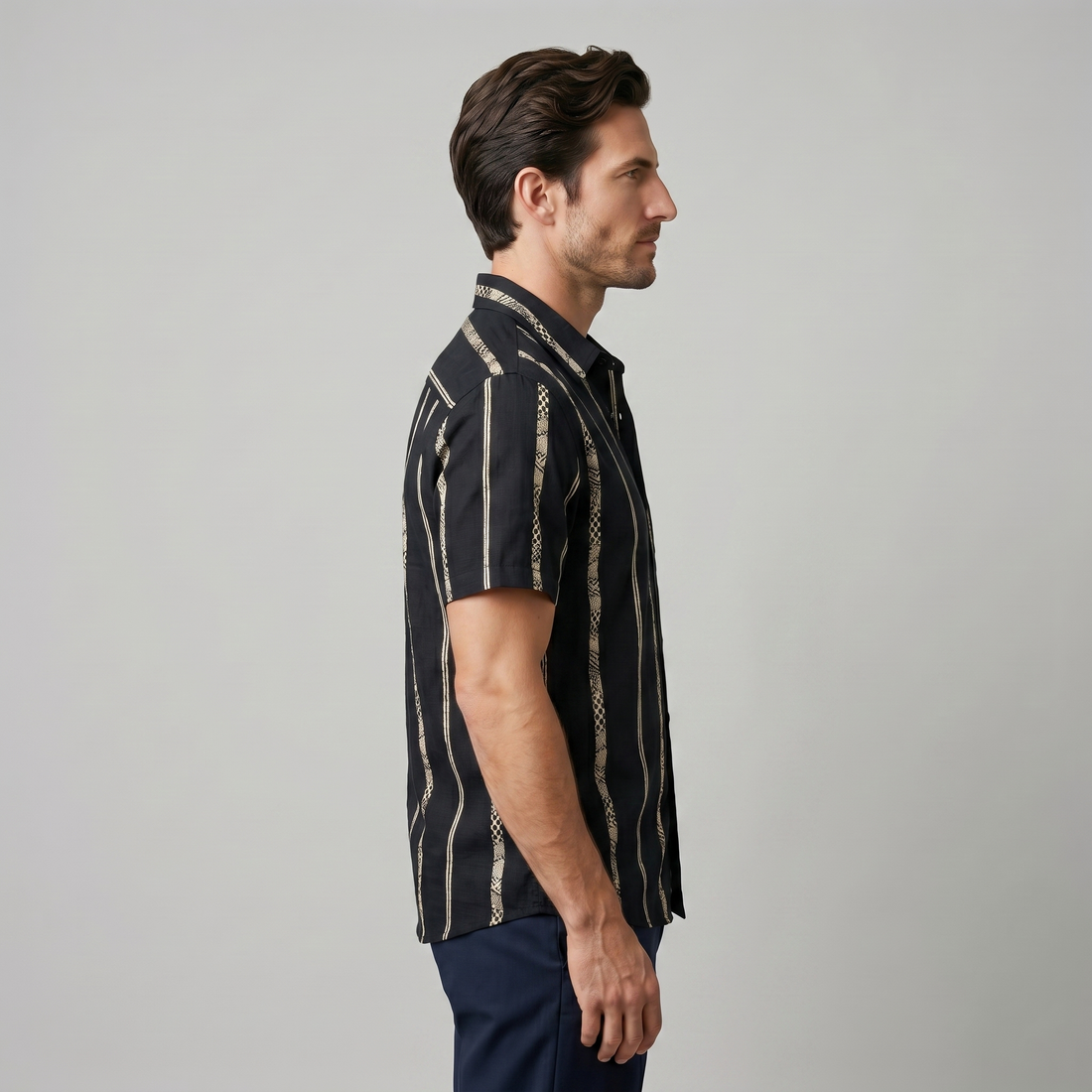 Men's Short Sleeve Button-Up Shirt with Textured Stripes