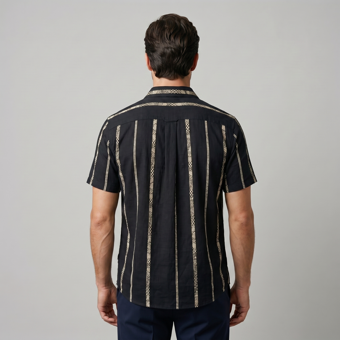 Men's Short Sleeve Button-Up Shirt with Textured Stripes