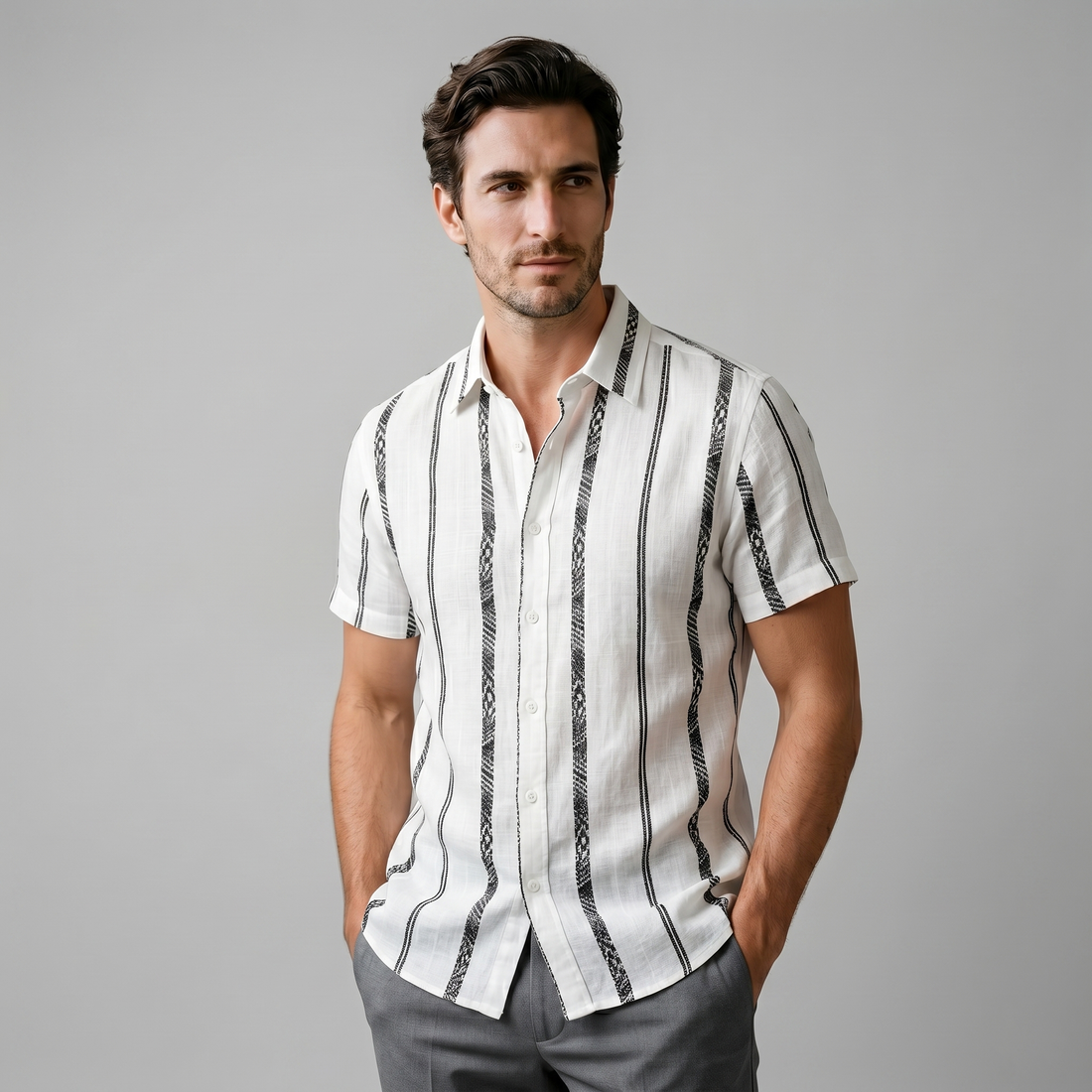 Men's Short Sleeve Button-Up Shirt with Textured Stripes