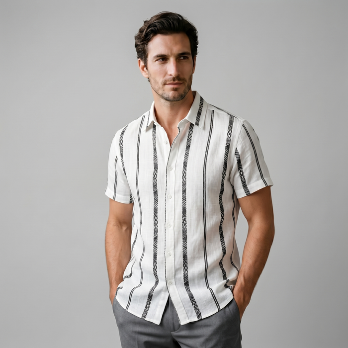 Men's Short Sleeve Button-Up Shirt with Textured Stripes