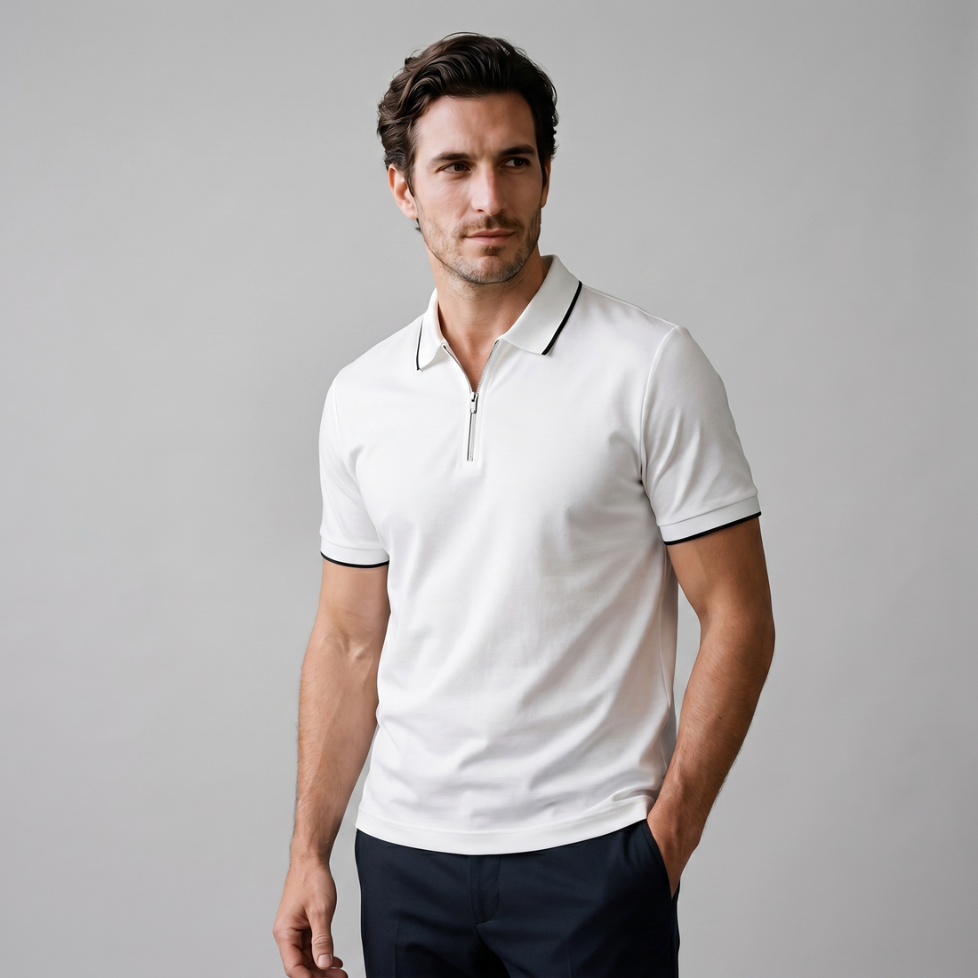 Men's Short Sleeve Polo Shirt with Zip Placket