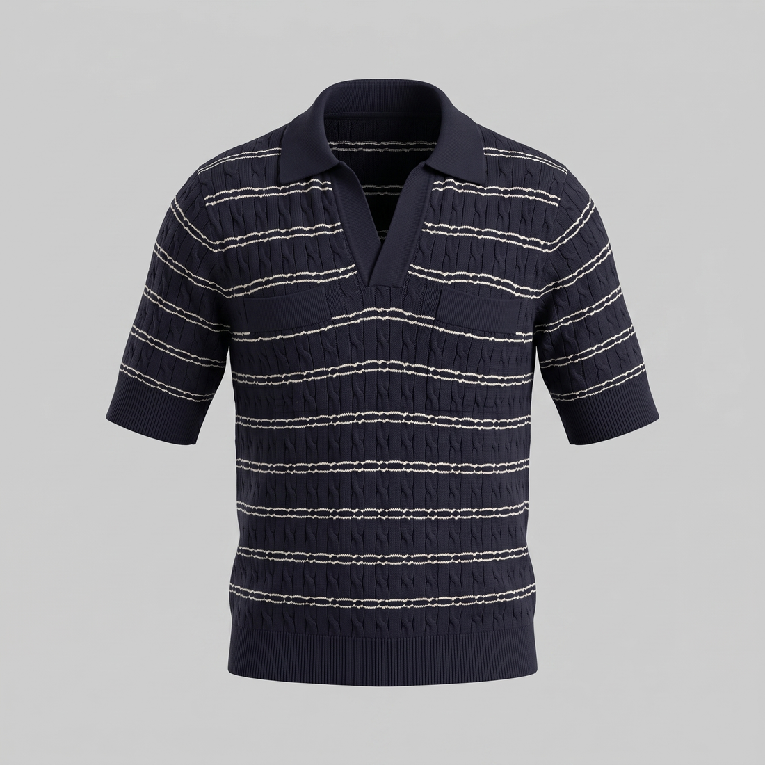 Men's Striped Cable Knit Open Collar Polo