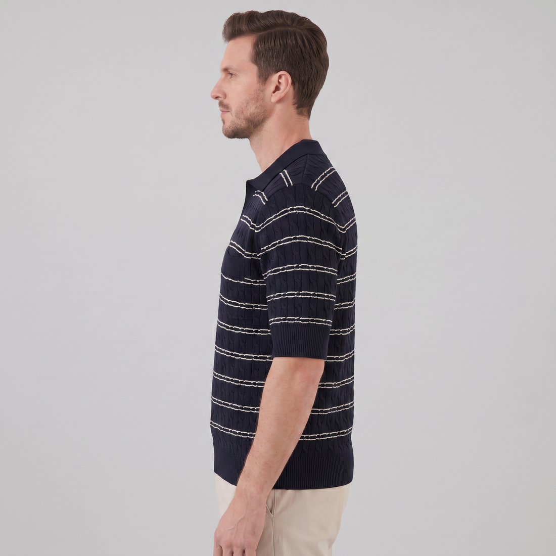 Men's Striped Cable Knit Open Collar Polo