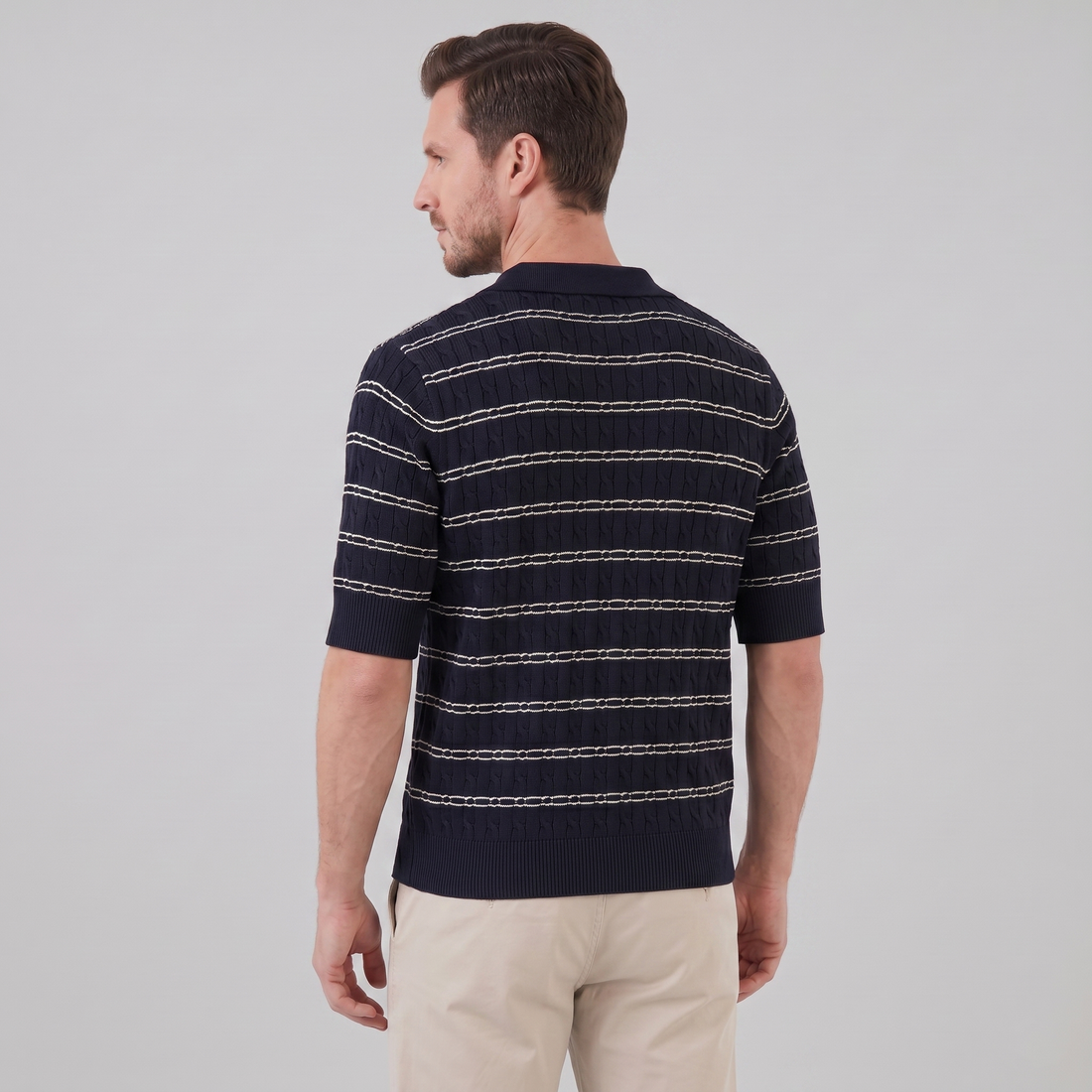 Men's Striped Cable Knit Open Collar Polo