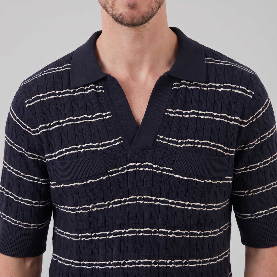Men's Striped Cable Knit Open Collar Polo
