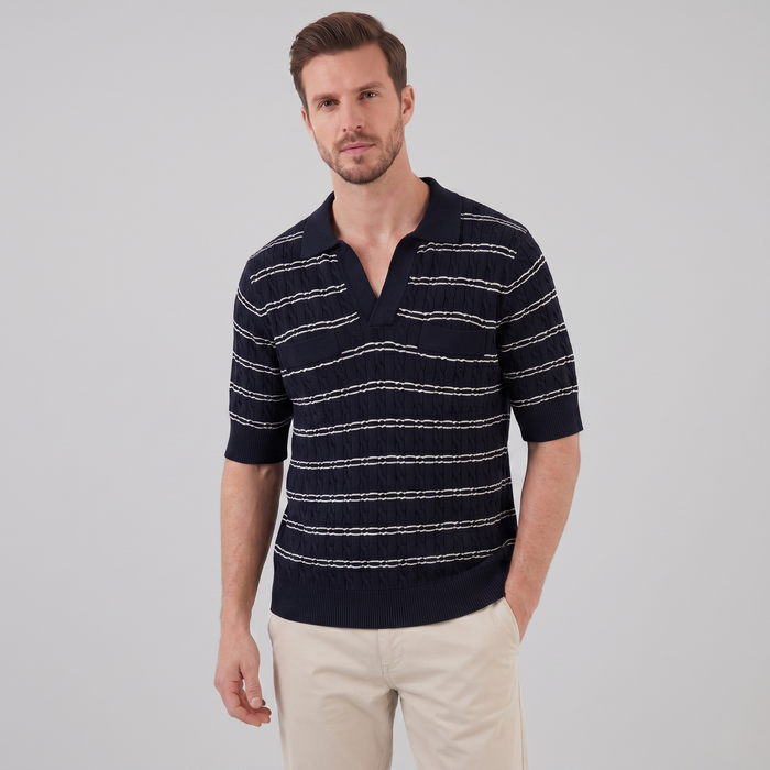 Men's Striped Cable Knit Open Collar Polo