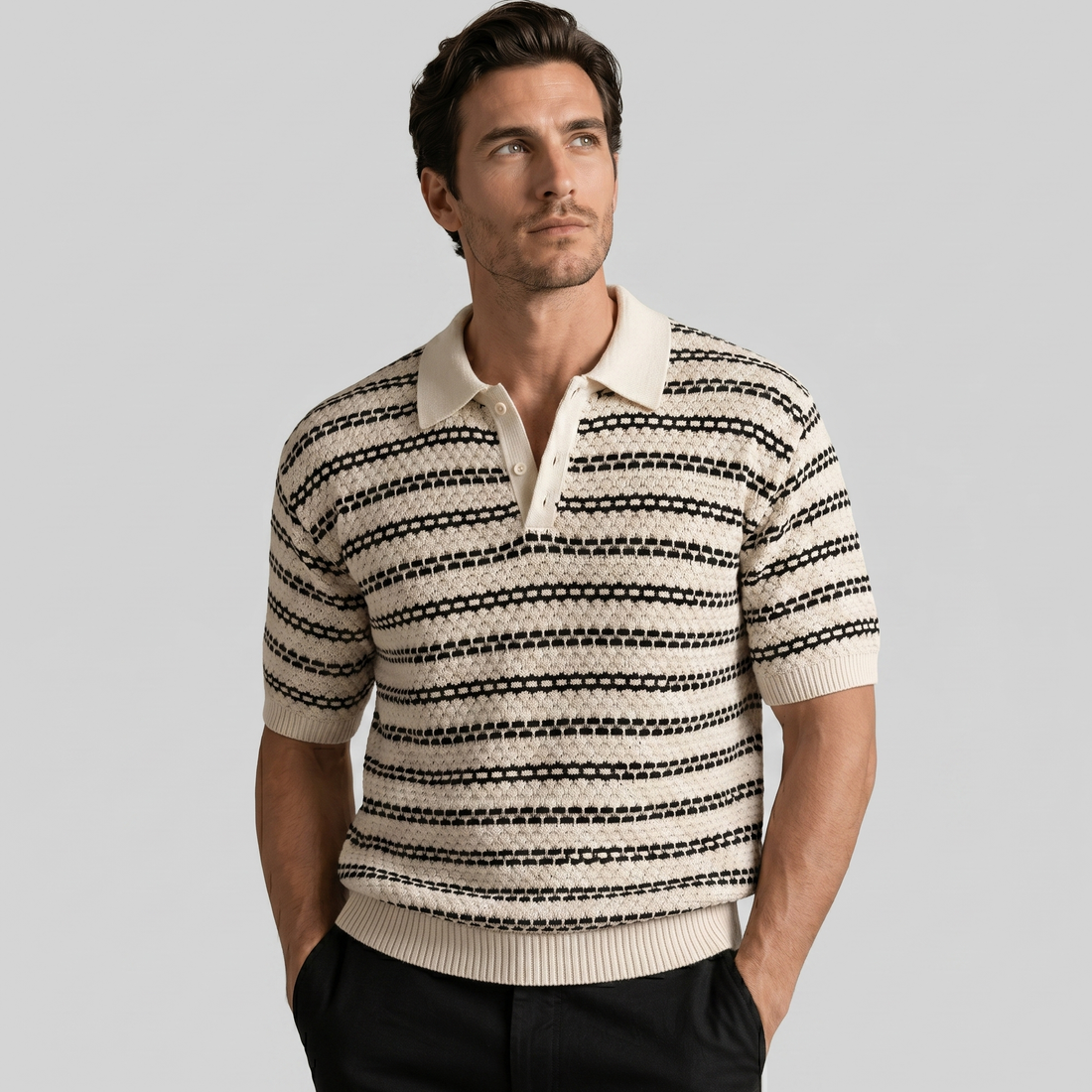 Men's Striped Crochet Knit Polo Shirt