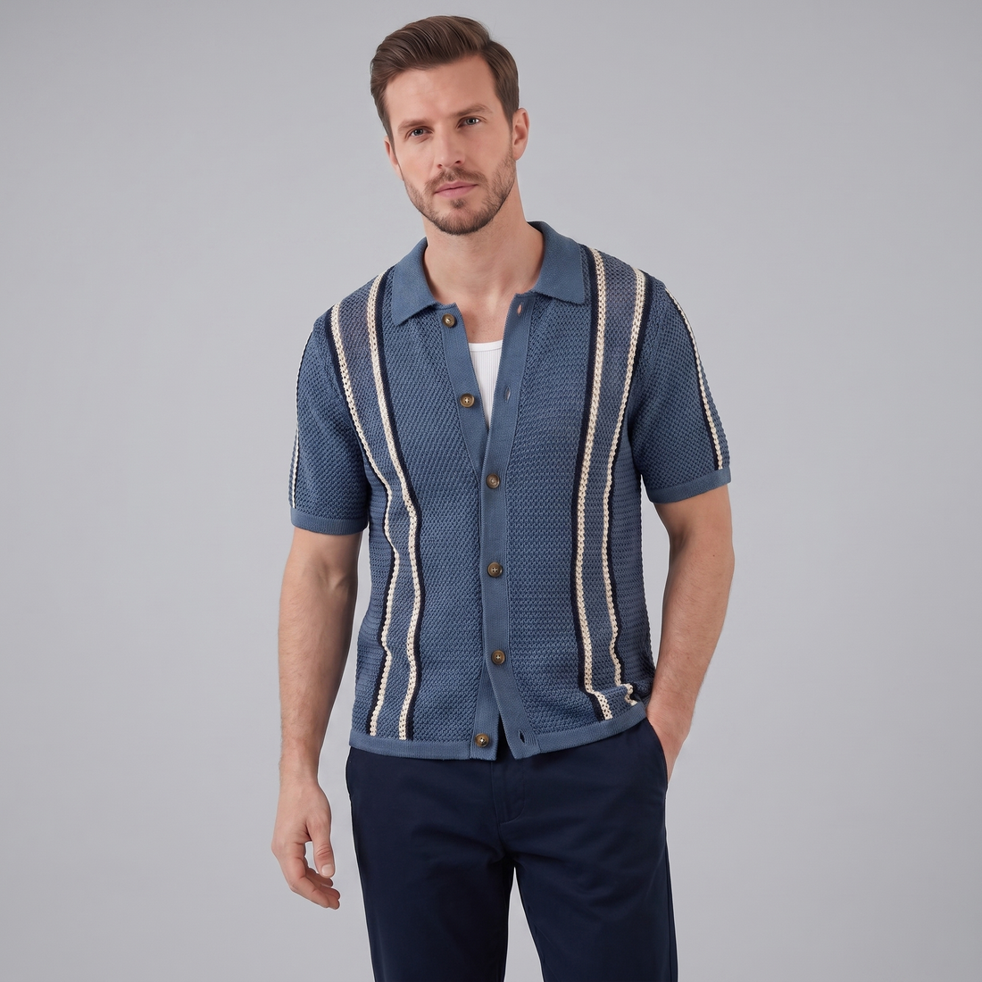 Men's Striped Crochet Knit Shirt