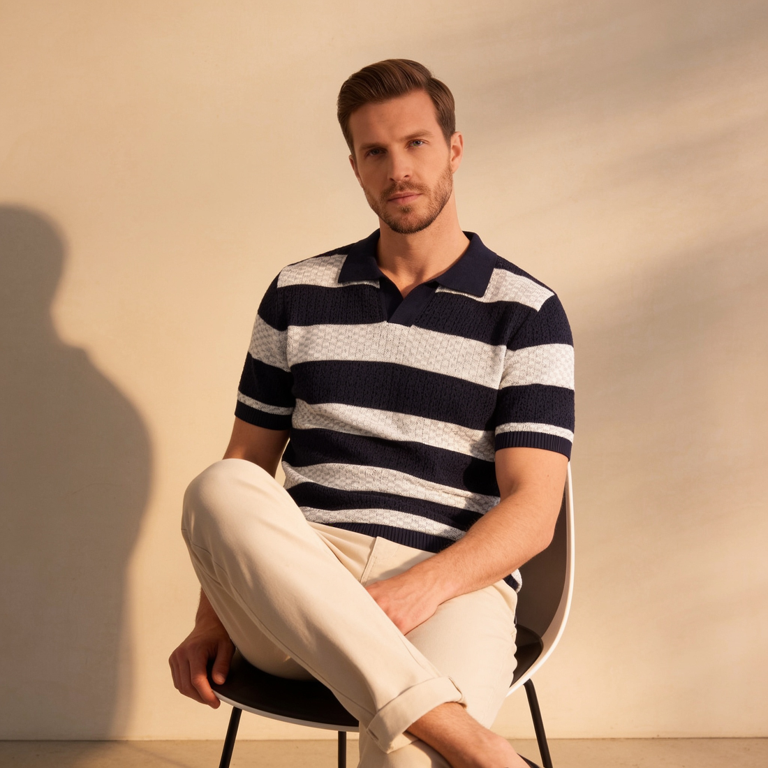 Men’s Textured Crochet Knit Polo Shirt