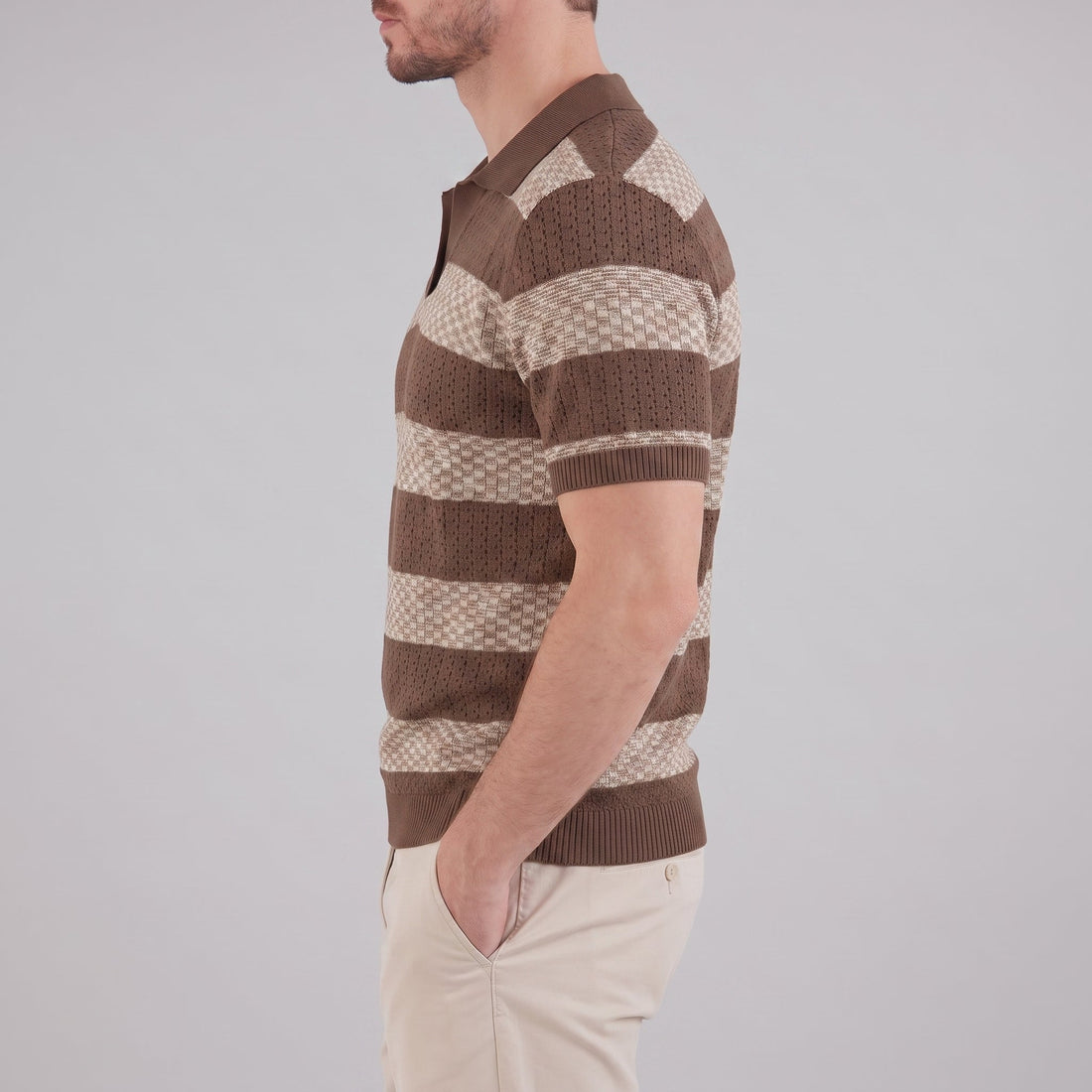 Men’s Textured Crochet Knit Polo Shirt