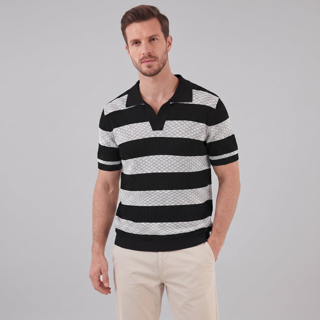 Men’s Textured Crochet Knit Polo Shirt