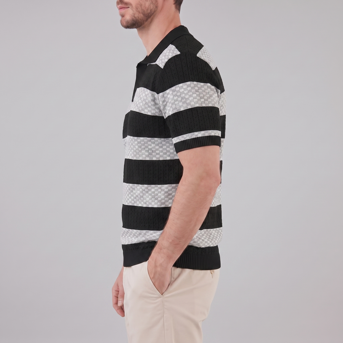 Men’s Textured Crochet Knit Polo Shirt
