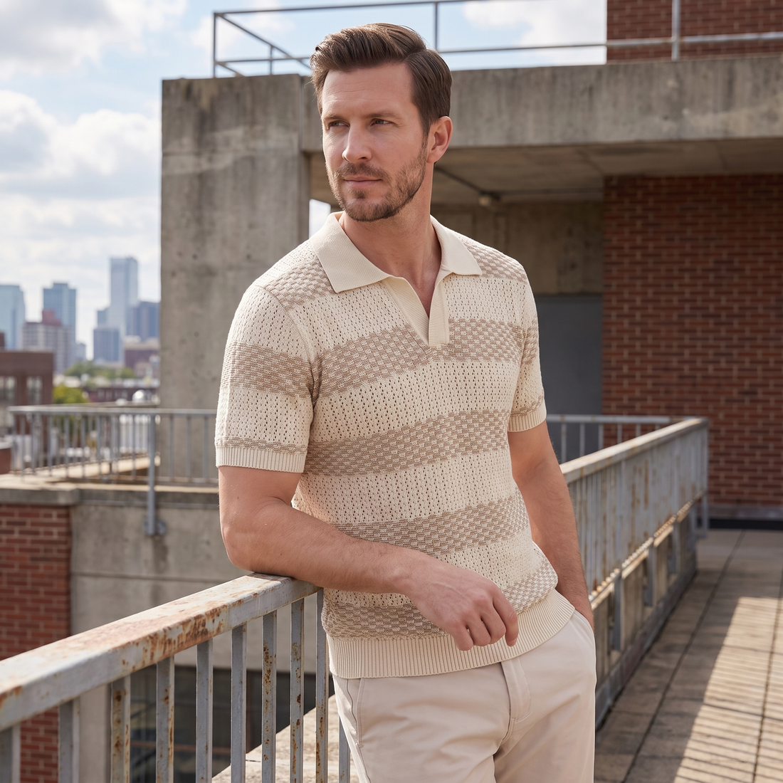 Men’s Textured Crochet Knit Polo Shirt