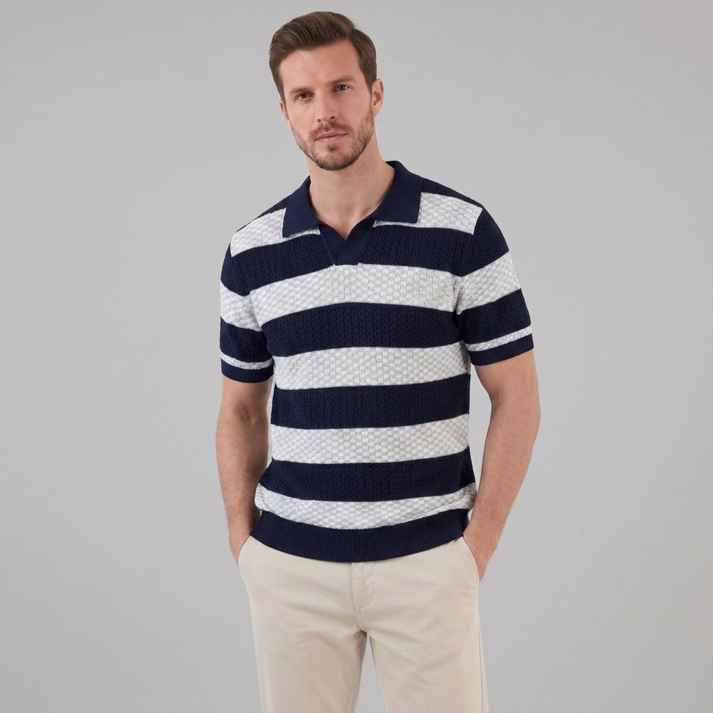 Men’s Textured Crochet Knit Polo Shirt