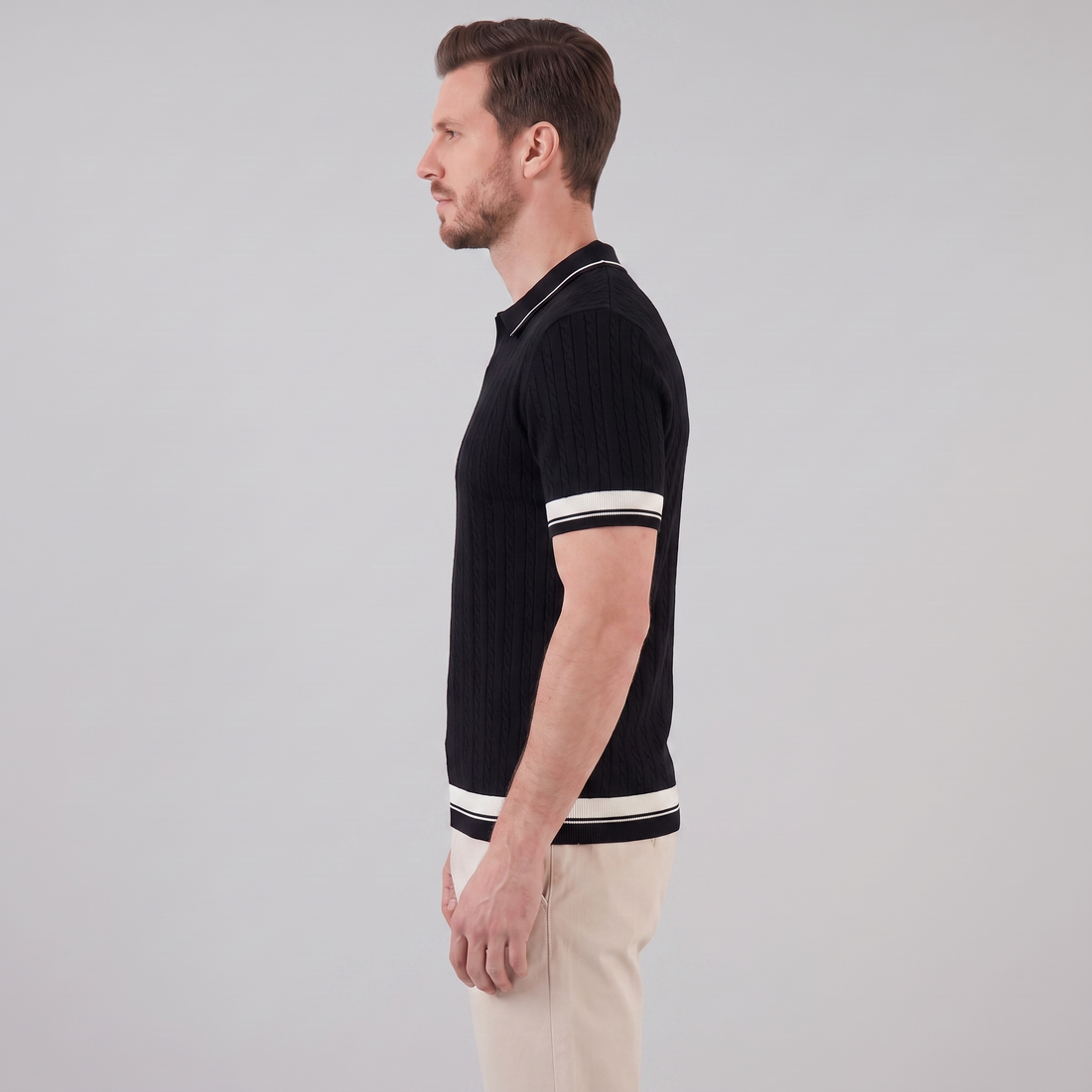 Men's Textured Knit Contrast Trim Polo Shirt