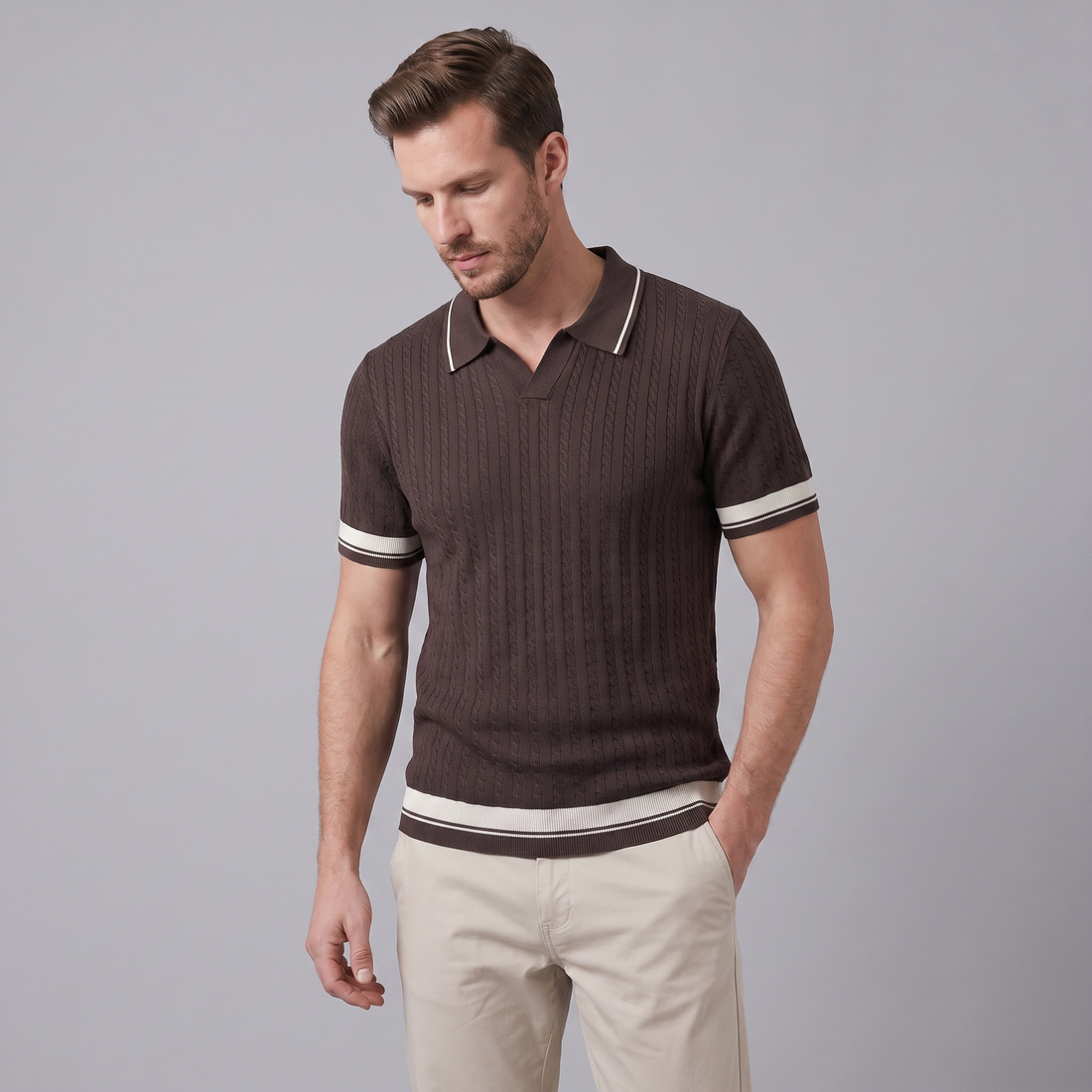 Men's Textured Knit Contrast Trim Polo Shirt