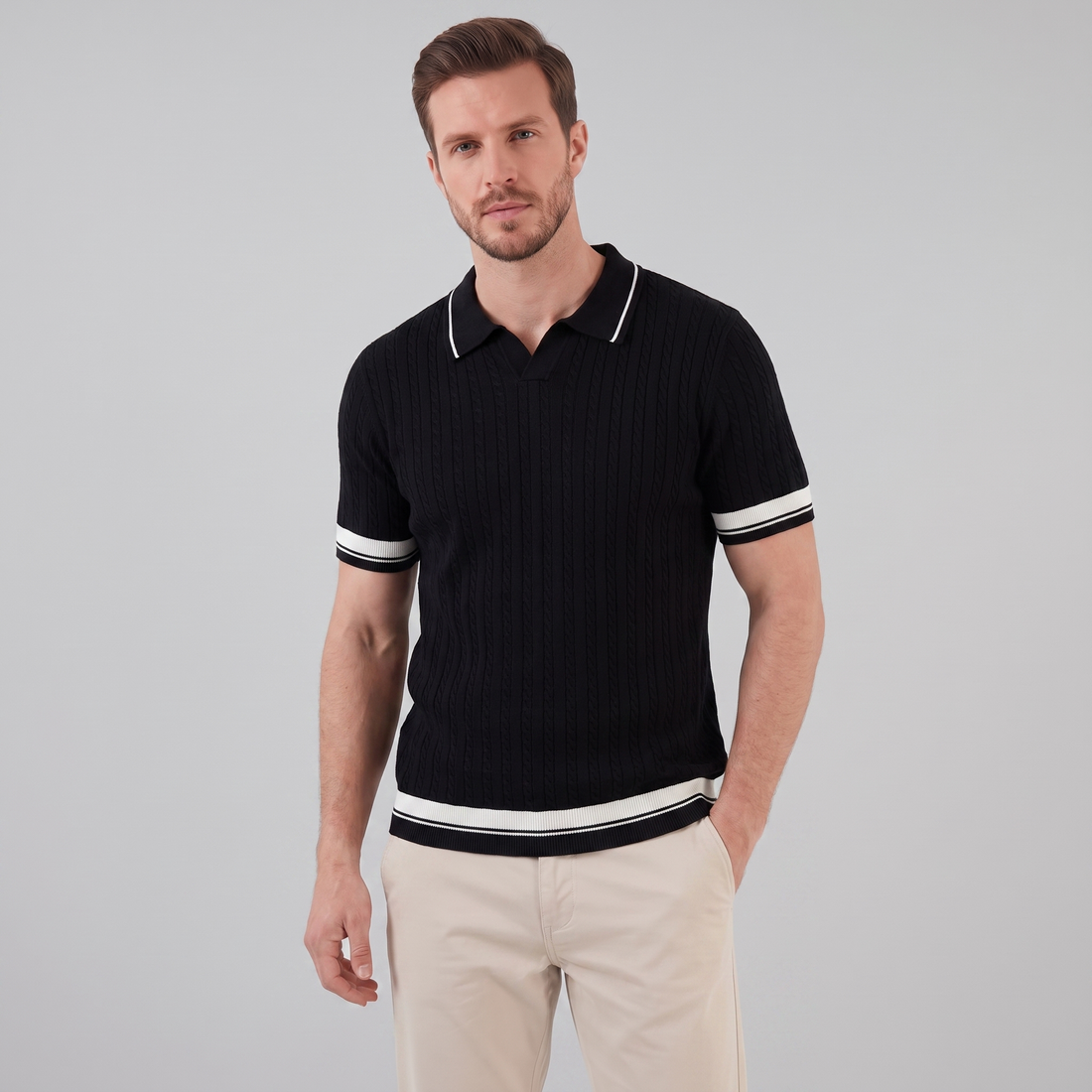Men's Textured Knit Contrast Trim Polo Shirt