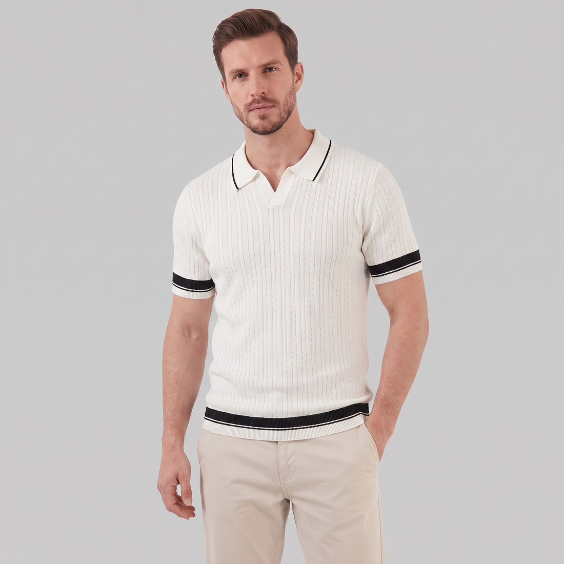 Men's Textured Knit Contrast Trim Polo Shirt