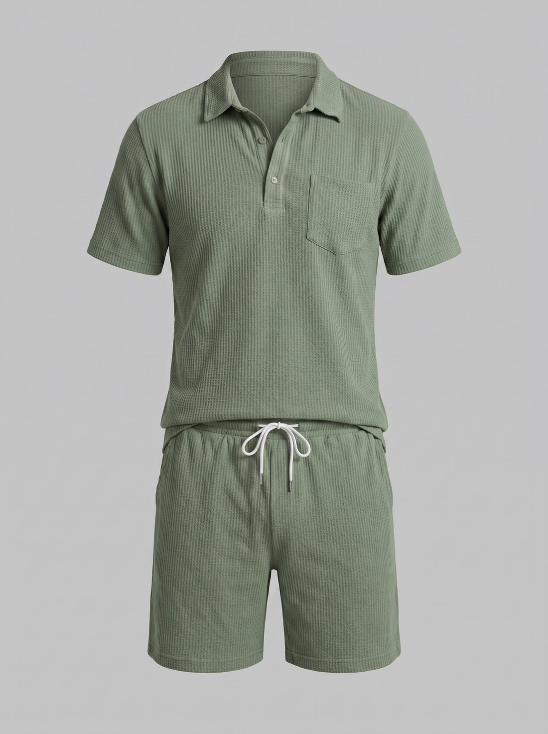 Men's Textured Knit Two Piece Set with Polo and Shorts