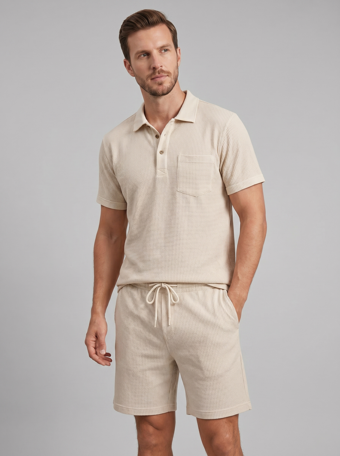 Men's Textured Knit Two Piece Set with Polo and Shorts