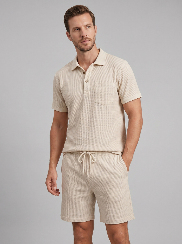 Men's Textured Knit Two Piece Set with Polo and Shorts