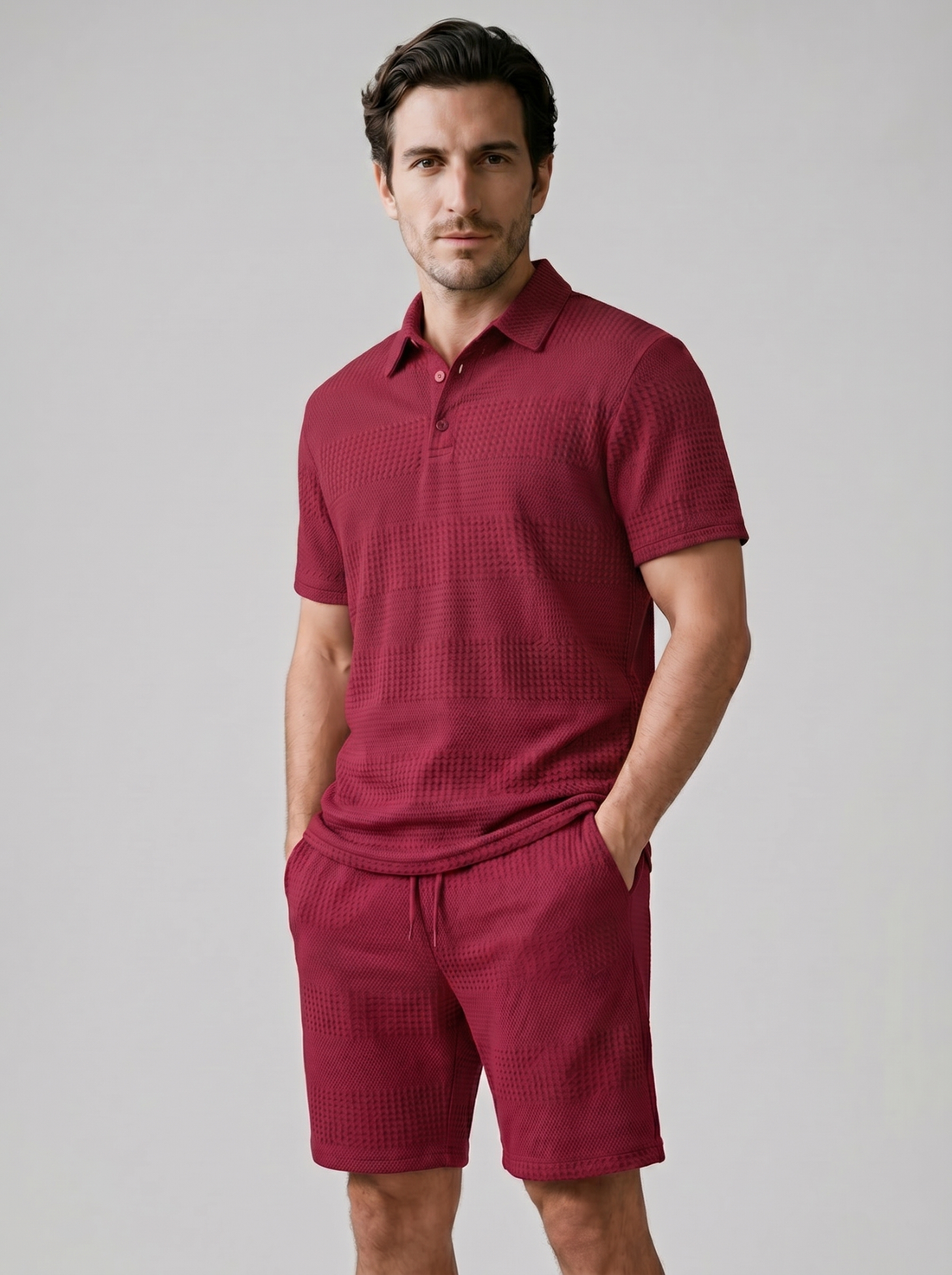 Men's Textured Polo and Shorts Set