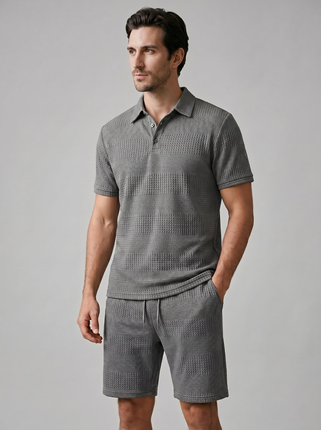 Men's Textured Polo and Shorts Set